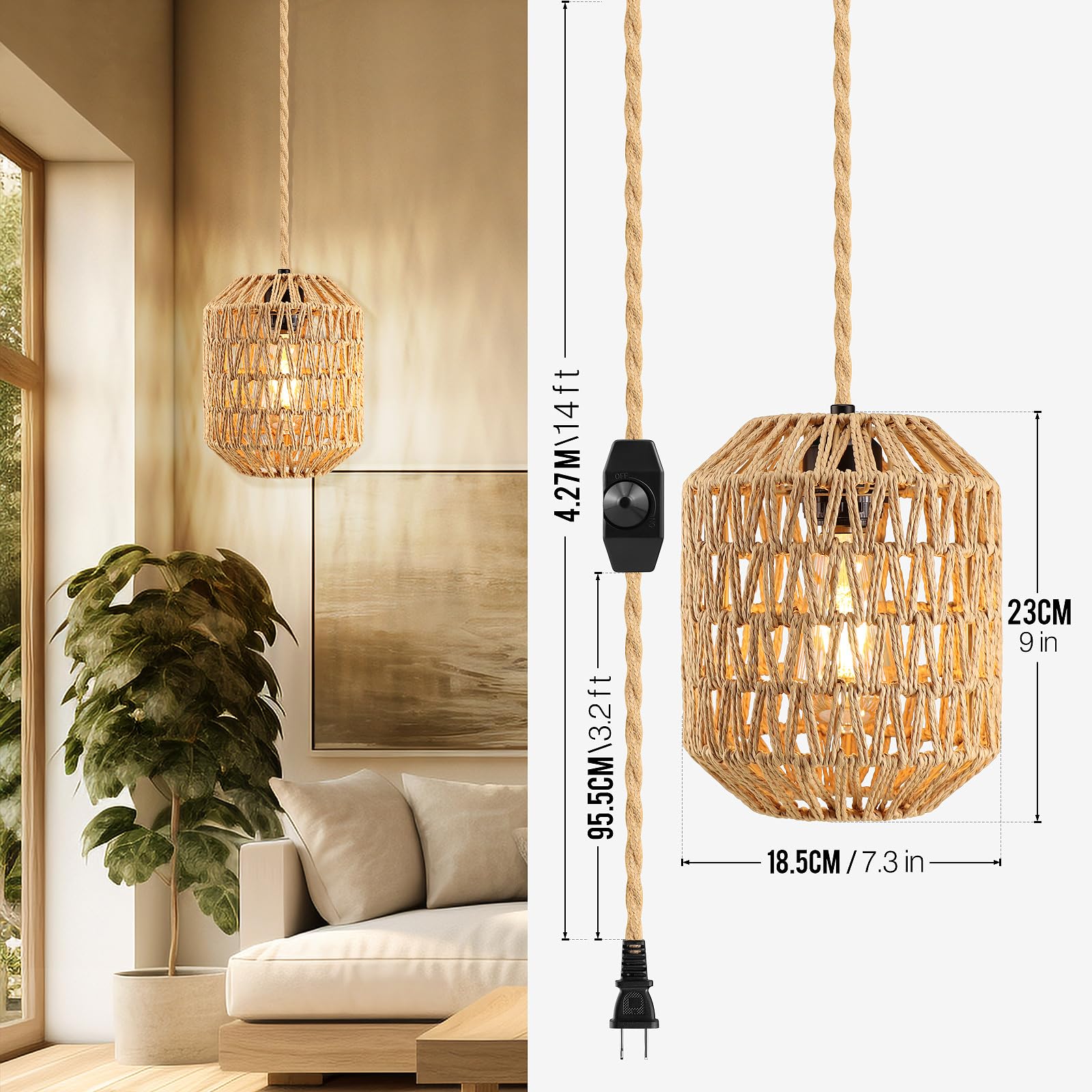 Dimmable Rattan Plug-In Pendant Light with 15FT Hemp Rope Cord - Wicker Woven Basket Lampshade Industrial Ceiling Fixture for Kitchen, Dining Room, Bedroom & Living Room (Brown)