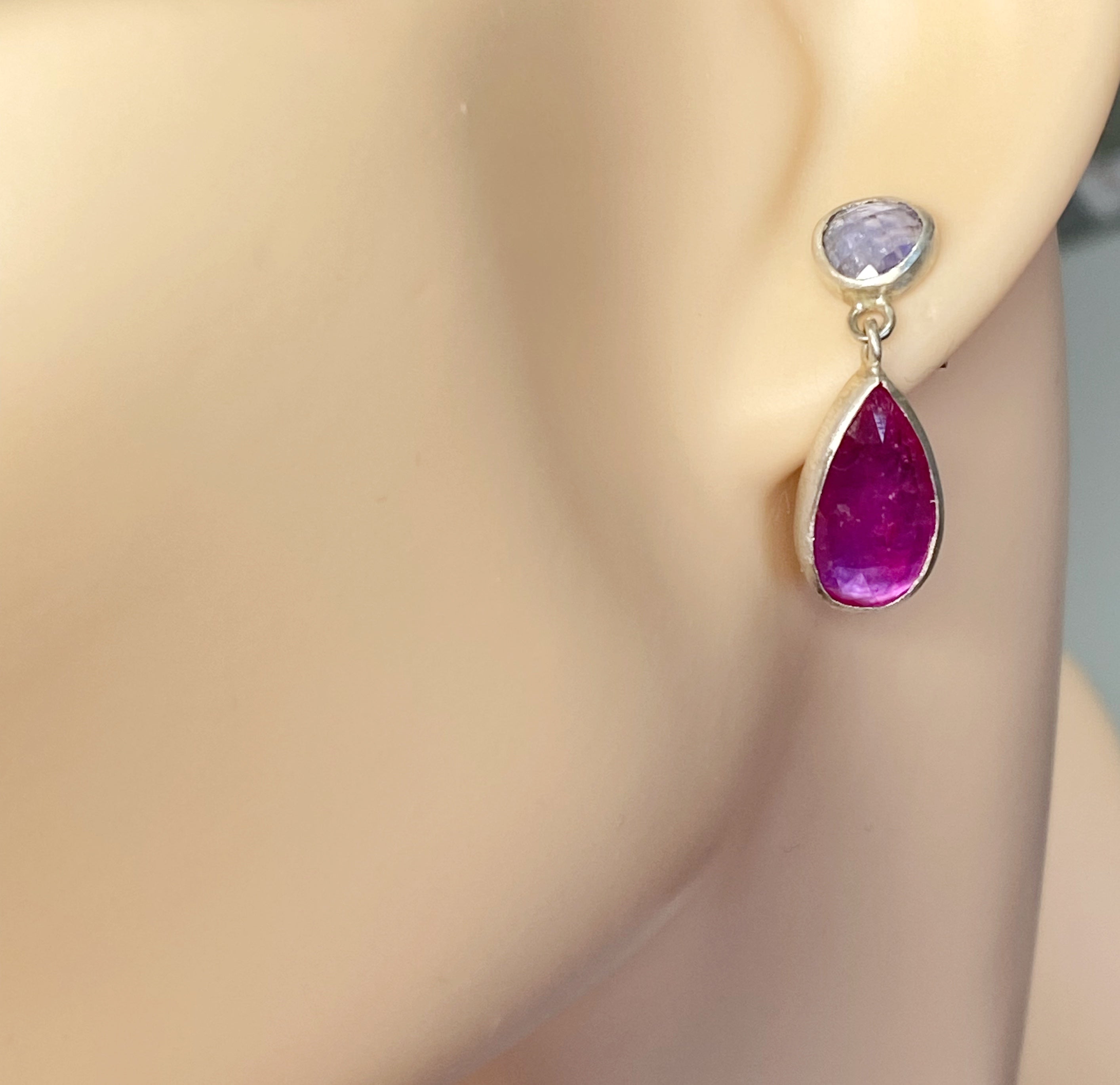 Ruby and Tanzanite Sterling Silver Post Earrings for Women | Elegant Dangle Earrings for Party, Wedding & Everyday Wear | Hypoallergenic 925 Silver Jewelry Gift