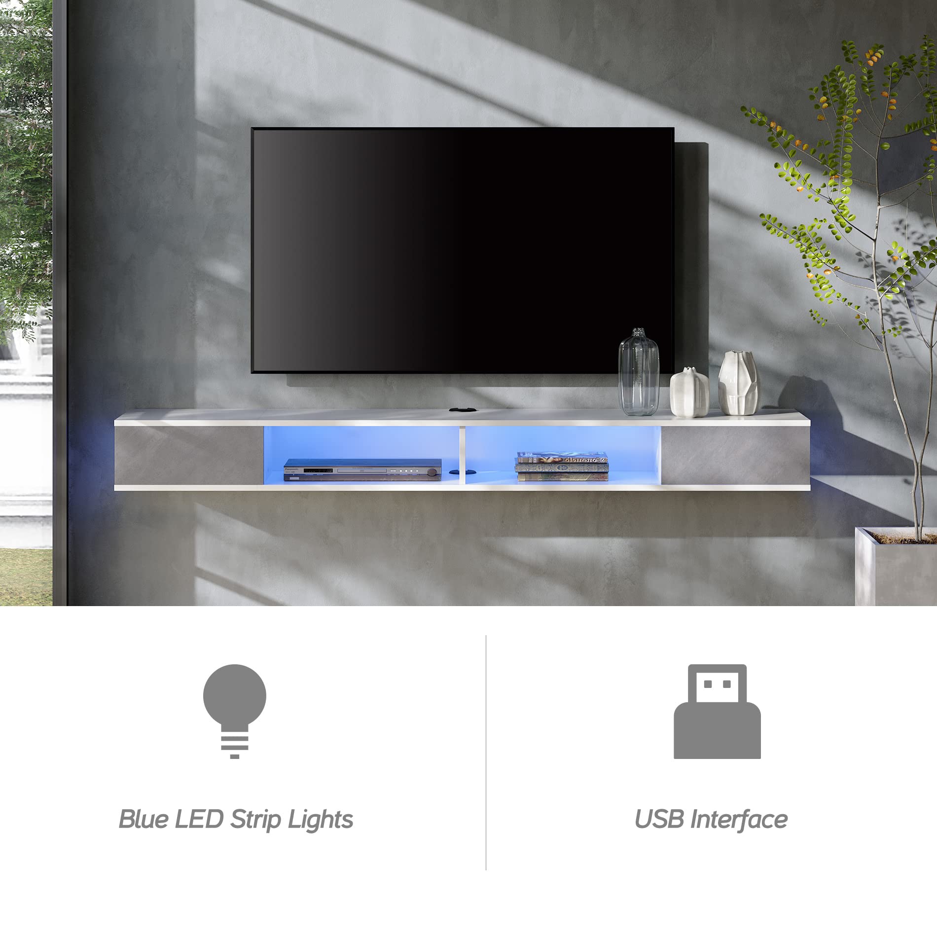 WAMPAT 70 Inch Floating TV Stand with Yellow/Blue LED Lights - Wall Mounted Entertainment Center & Media Console with Storage for 65/70/75 Inch TVs (White & Grey) - Perfect for Living Room, Bedroom, and Home Theater Setup