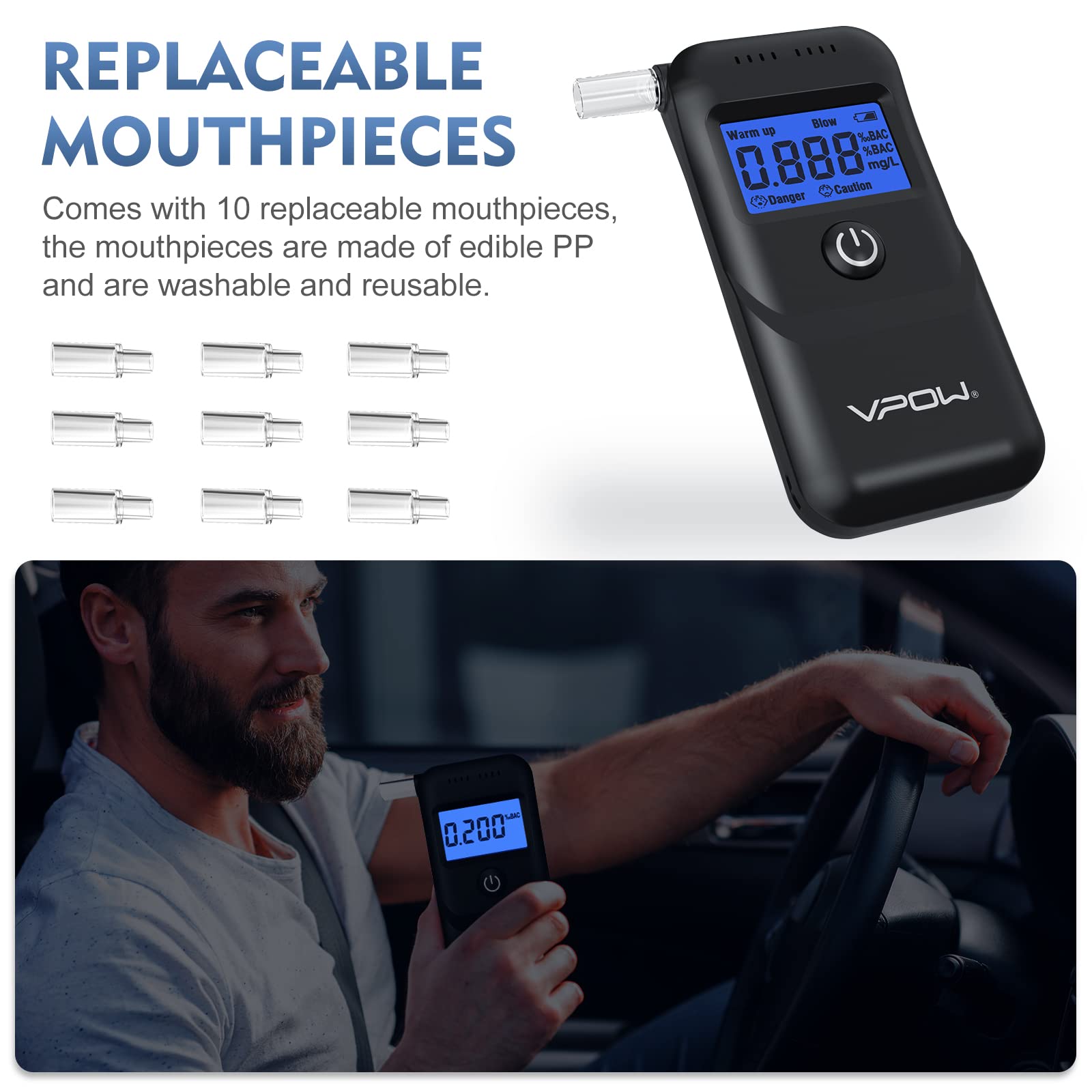 VPOW Digital Alcohol Breathalyzer Tester with Blue LCD Display - High Accuracy Personal & Professional Breath Alcohol Test Device for Home, Workplace, and Law Enforcement Use - Black