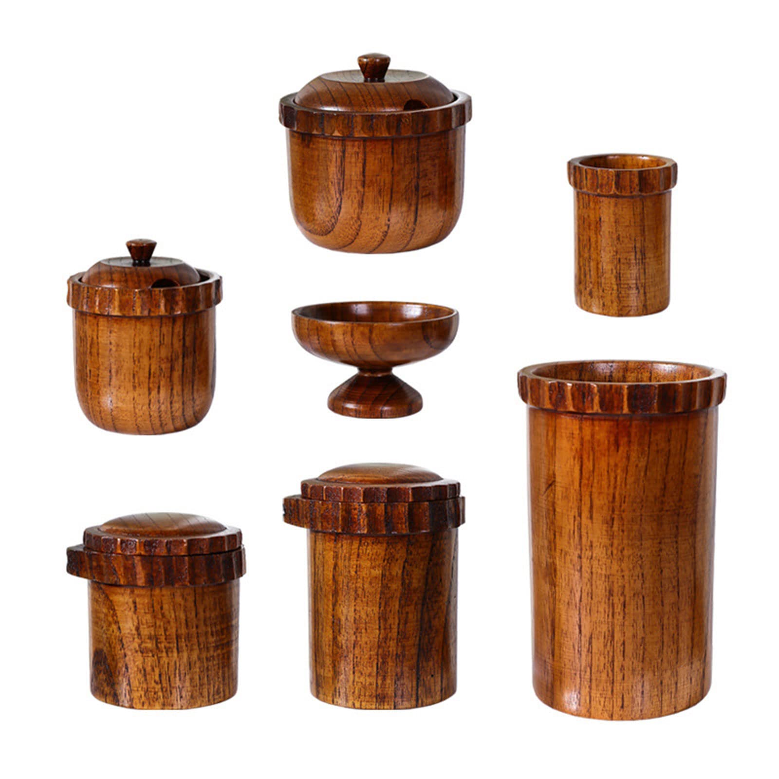 Abovehill Retro Jujube Wood Seasoning Jar Set - 4-Piece Kitchen Storage Containers for Sugar, Salt, Soy Sauce & Vinegar - Natural Wood Spice Jars for Pantry Organization & Countertop Display