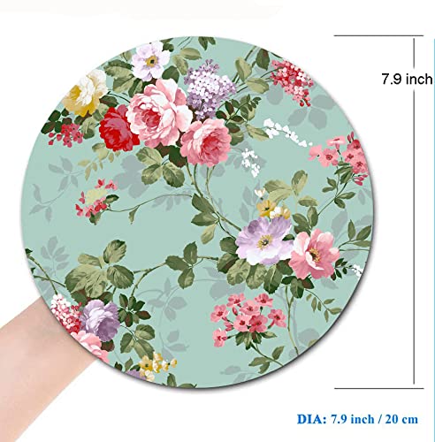 Floral Teal Mouse Pad - Non-Slip Rubber Base, Washable Round Mousepad with Lycra Cloth for Office & Laptop - Perfect for Work, Gaming & Home Use