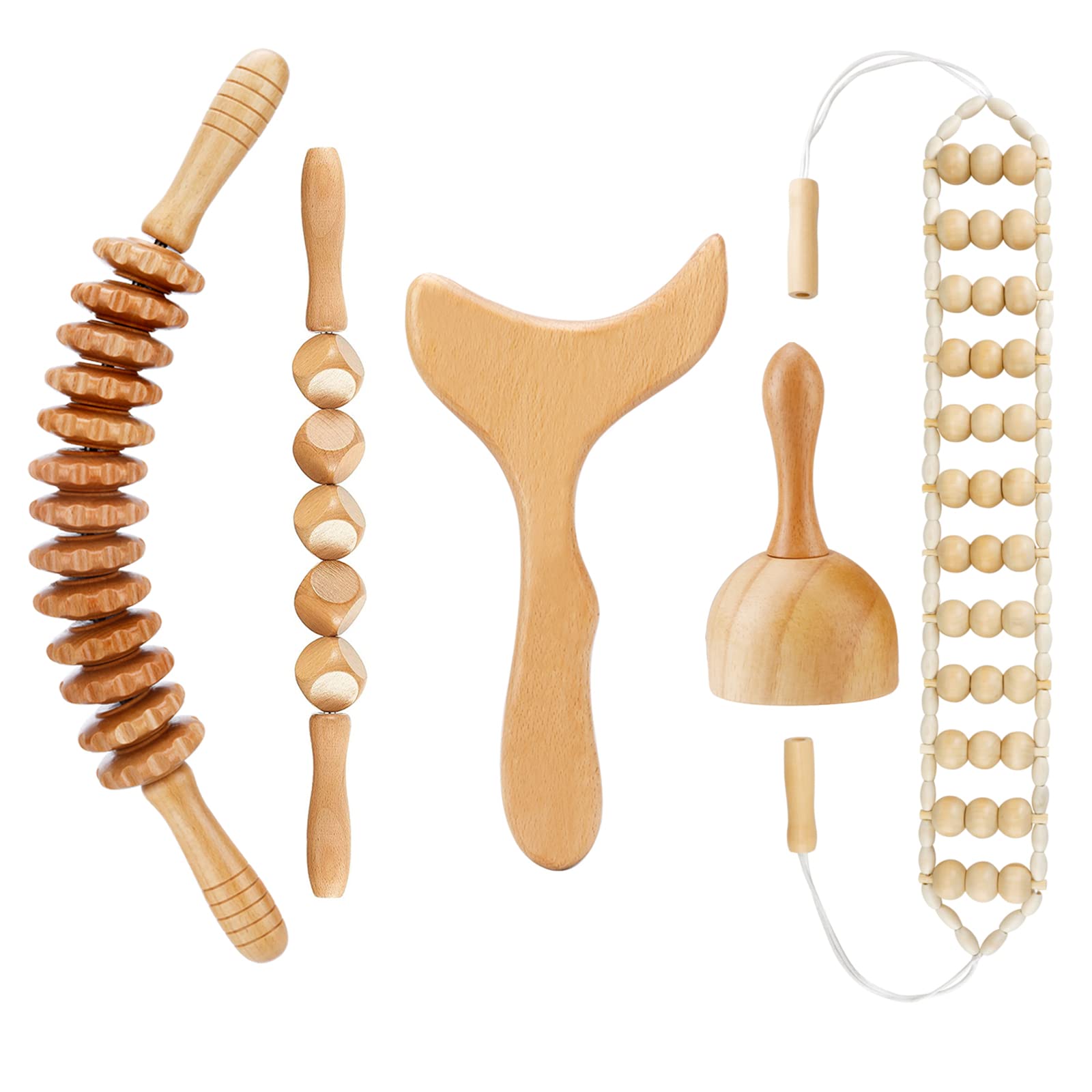 5 in 1 Wood Therapy Massage Tools Set - Maderoterapia Kit for Body Shaping & Lymphatic Drainage - Anti-Cellulite Wooden Massage Roller & Body Sculpting Tools - Perfect for Home Spa, Post-Workout Recovery & Professional Therapy Sessions