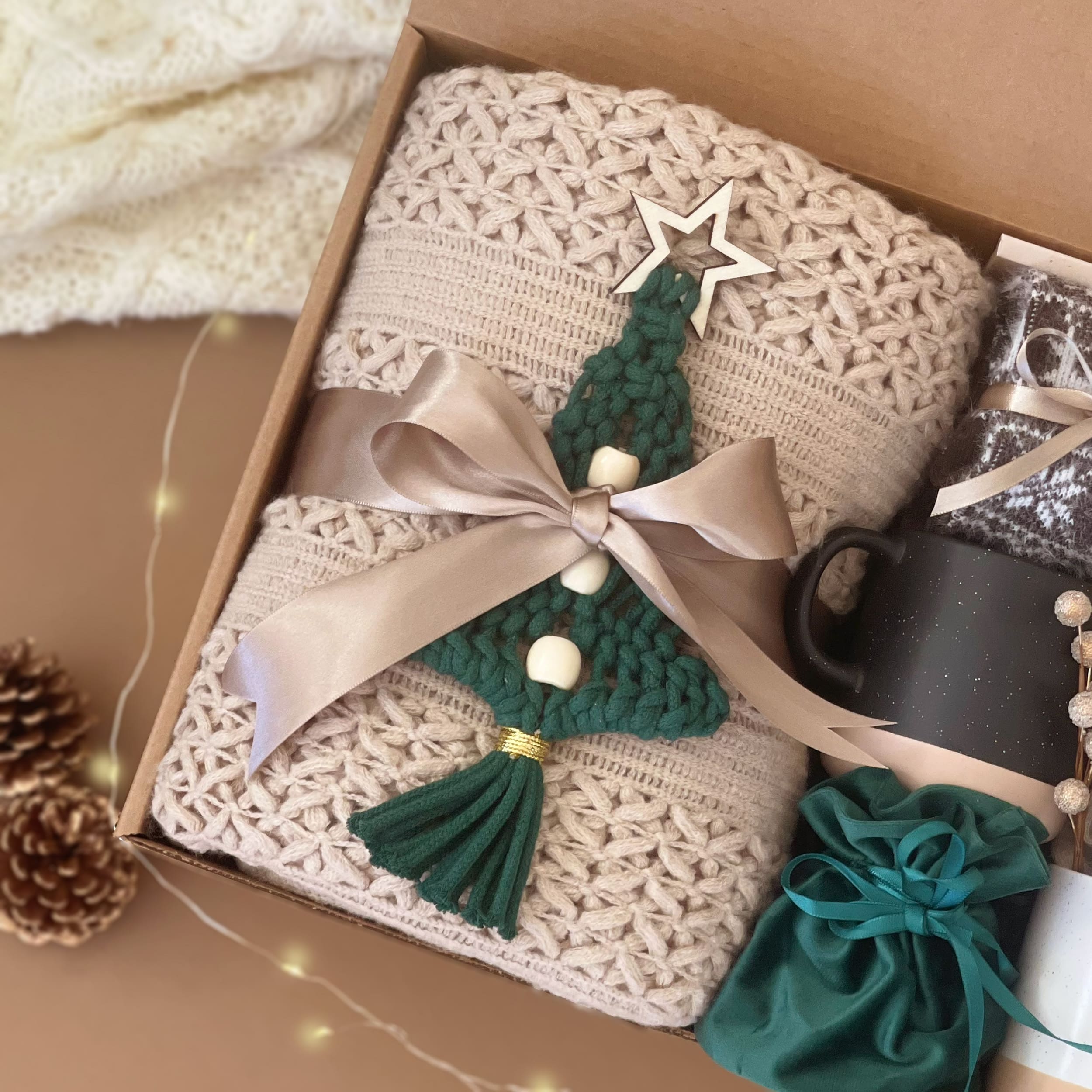 Cozy Couple's Holiday Gift Set - Large Gift Basket with Taupe Throw Blanket, Nordic Knit Socks & Festive Decor | Perfect Christmas Present for Couples, Winter Home Decor & Romantic Gifts