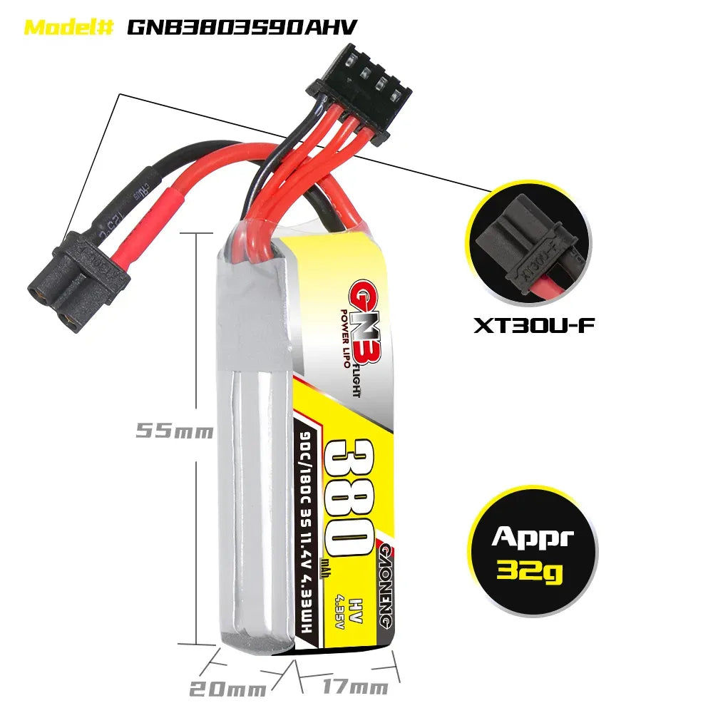 High-Performance GAONENG GNB LiHV 3S 11.4V 380mAh 90C XT30 LiPo Battery Pack (2-Pack) for RC Drones, FPV Racing, and Mini Quadcopters - Long Lasting Power Solution