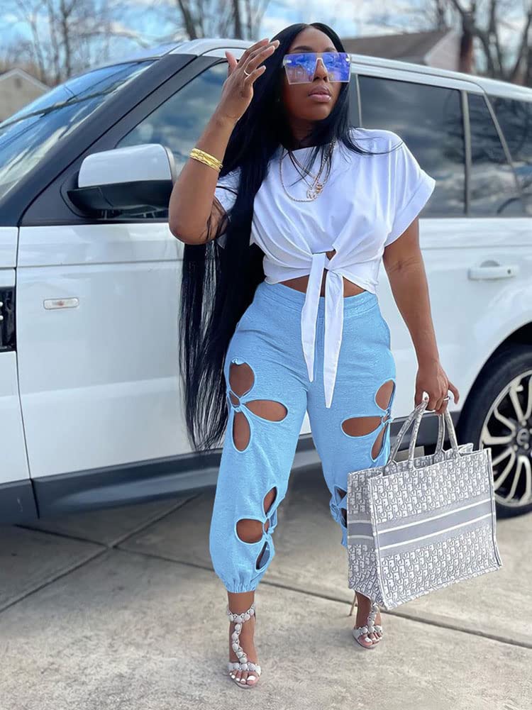 Women's 2-Piece Outfit Set - Casual Crop Top & Hollowed Out Sweatpants | Fashion Tracksuit for Women | Perfect for Gym, Lounge & Streetwear