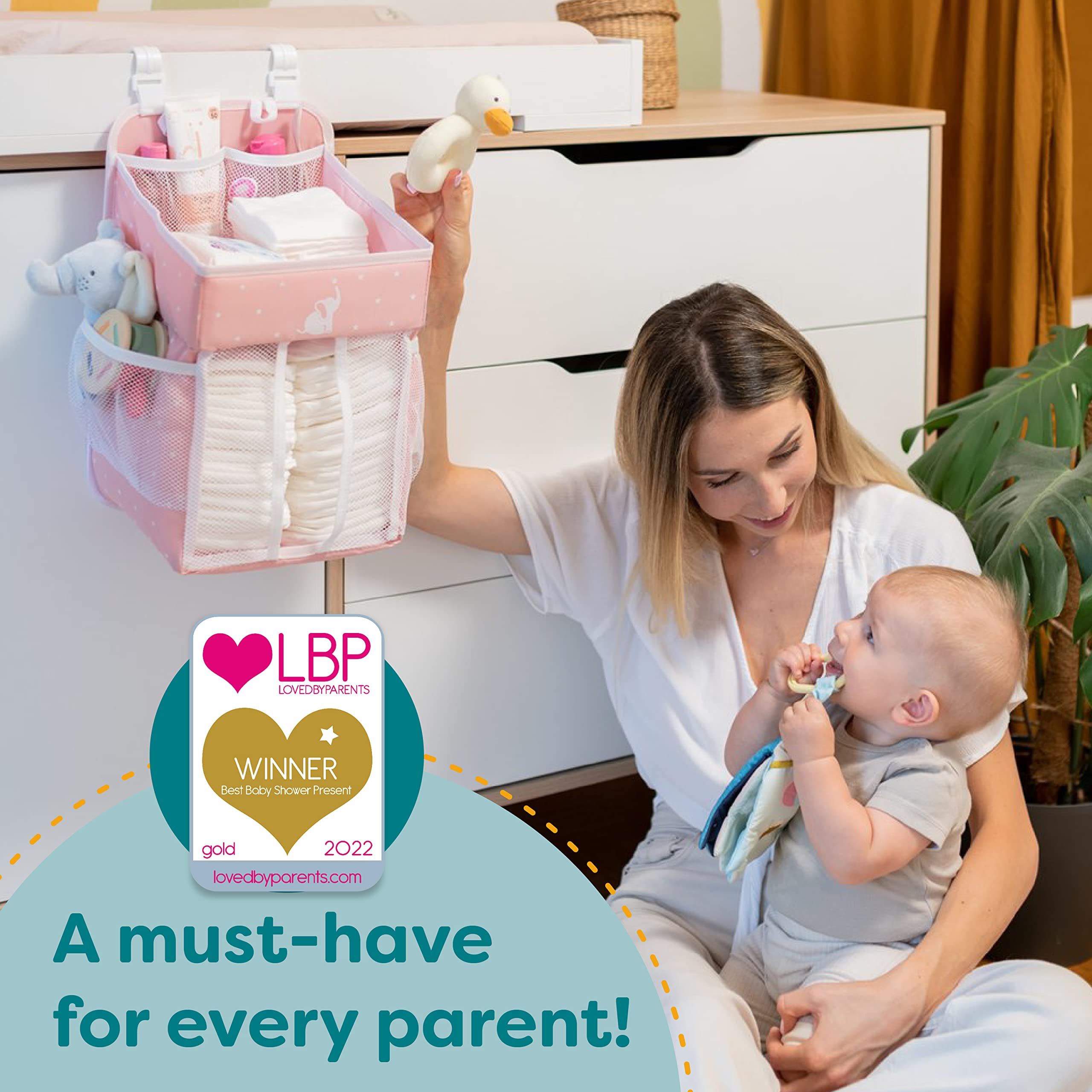 Hanging Diaper Caddy Organizer - Baby Shower Gift for Changing Table - Holds 50+ Diapers & Baby Essentials - Nursery Storage for Newborns - Pink (17x9x9 Inches) - Perfect for Diaper Changing Station & Nursery Organization