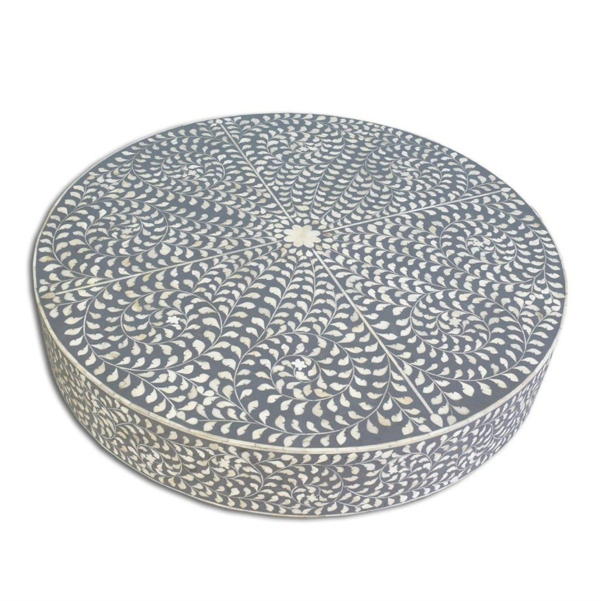 Handmade Bone Inlay Floral Design Round Coffee Table - Grey Wooden Living Room Furniture for Home Decor, Modern Boho Style Centerpiece for Lounge, Bedroom or Office