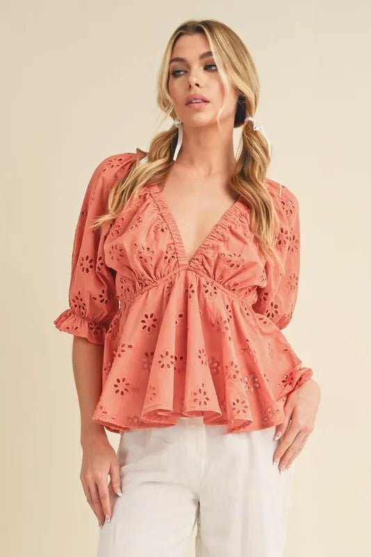Aemi + Co Women's Eyelet Embroidered V-Neck Peplum Blouse - Floral Lace Summer Top for Casual Wear & Office Outfits