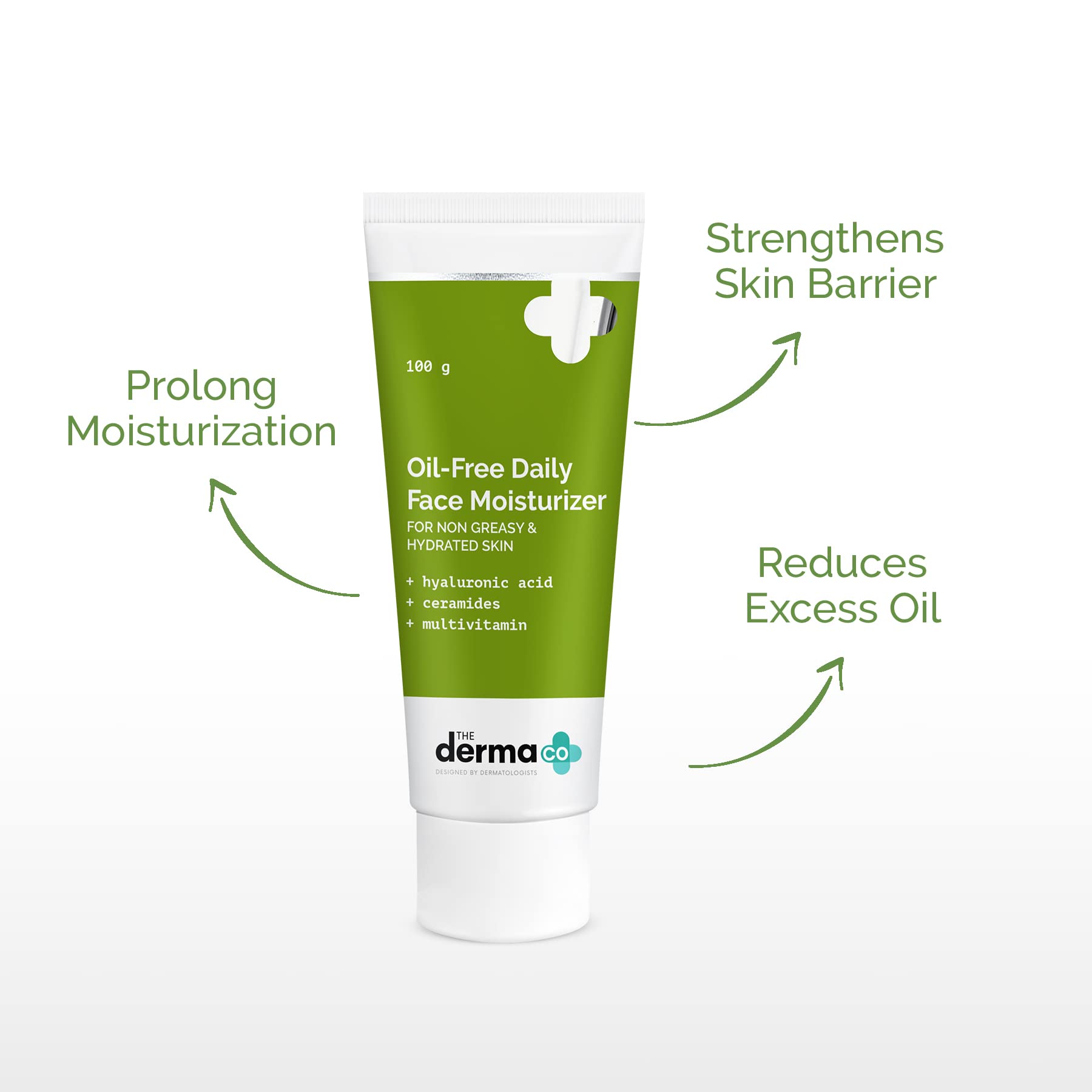 The Derma Co Oil-Free Daily Face Moisturizer with Hyaluronic Acid, Ceramides & Multivitamins - Lightweight Hydration for Dry & Sensitive Skin - Strengthens Skin Barrier - 100g - Perfect for Morning & Night Skincare Routine
