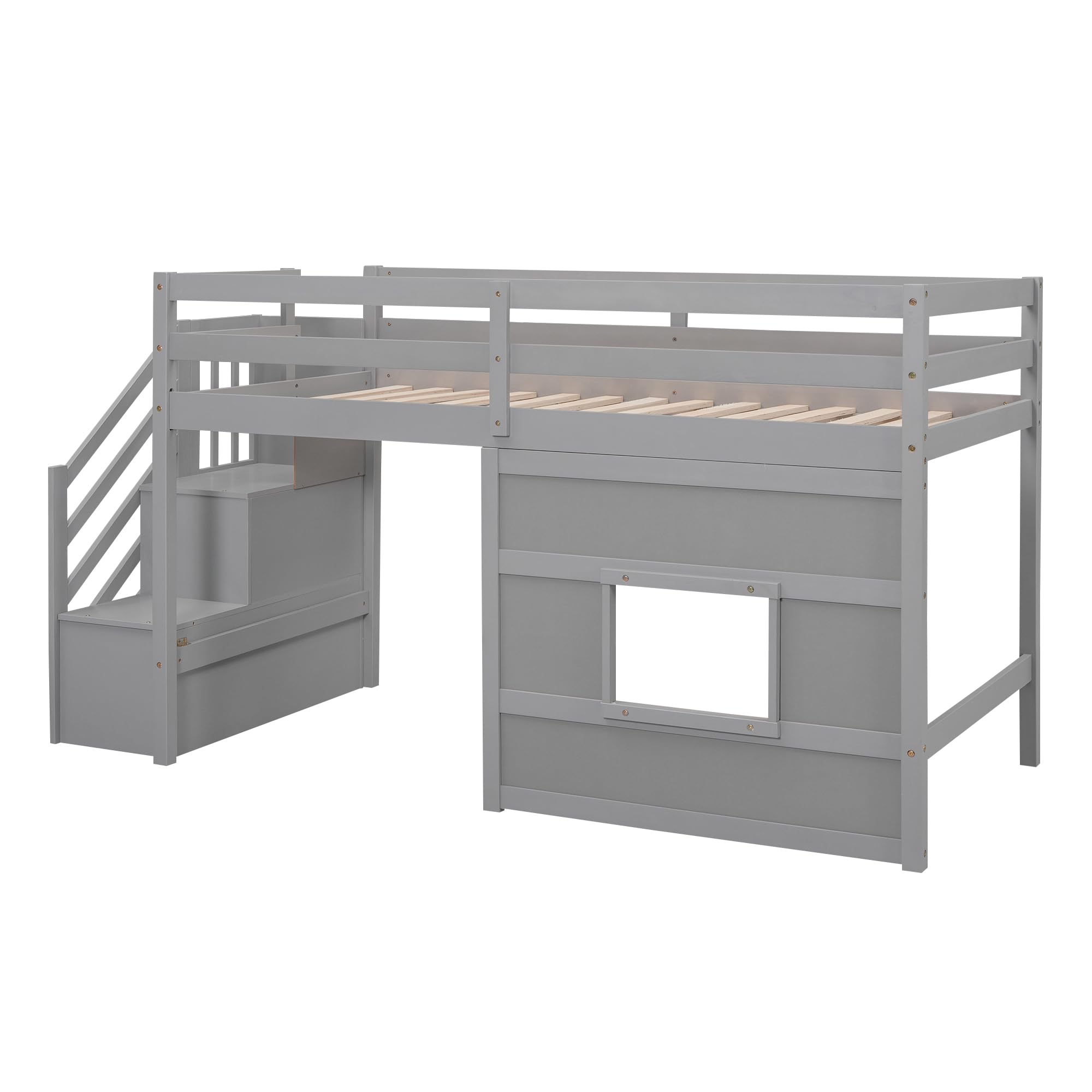 Twin Size Low Loft Bed with Stairs & Storage - Solid Wood Kids Loft Bed Frame for Boys & Girls in Gray - Space Saving Solution for Small Bedrooms, Dorm Rooms & Kids' Rooms