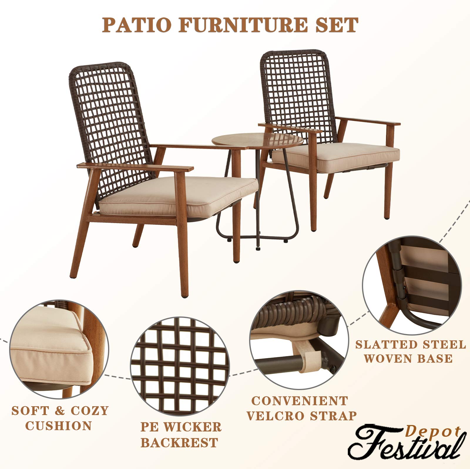3-Piece Outdoor Bistro Set with Wooden-Color Armchairs & Metal Iron Side Table - Patio Furniture with Cushions for Garden, Cafe, or Backyard Relaxation (Khaki)