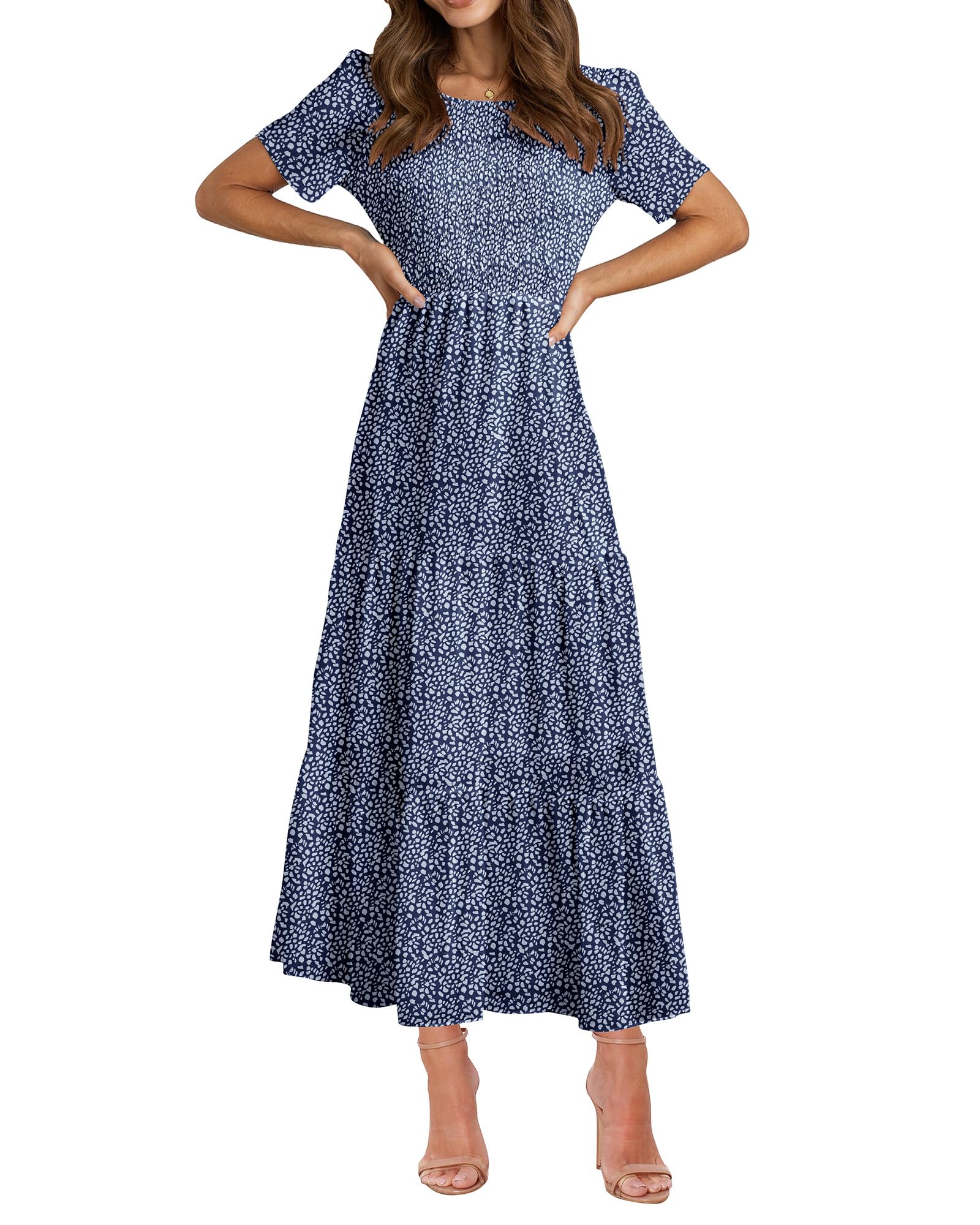BTFBM Women's Bohemian Floral Printed Short Sleeve Maxi Dress - Casual Summer Crew Neck Tiered Flowy Cocktail Dress for Beach Vacation, Music Festival & Date Night