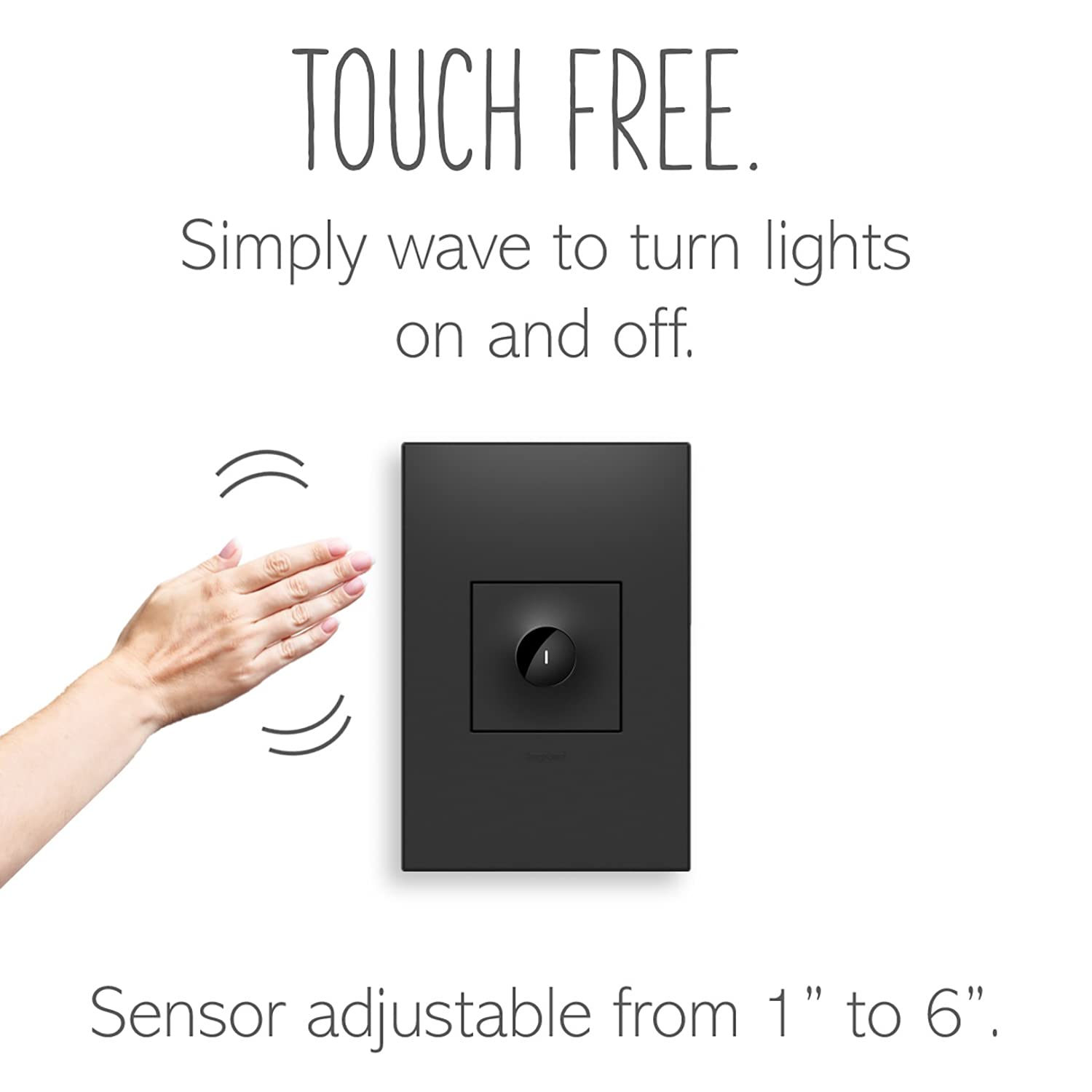 Legrand Adorne 15A Touchless Wave Light Switch with Matching Wall Plate (Graphite Finish) - ASWV1532G2 - Hands-Free Lighting Control for Bathroom, Kitchen & Smart Home Automation