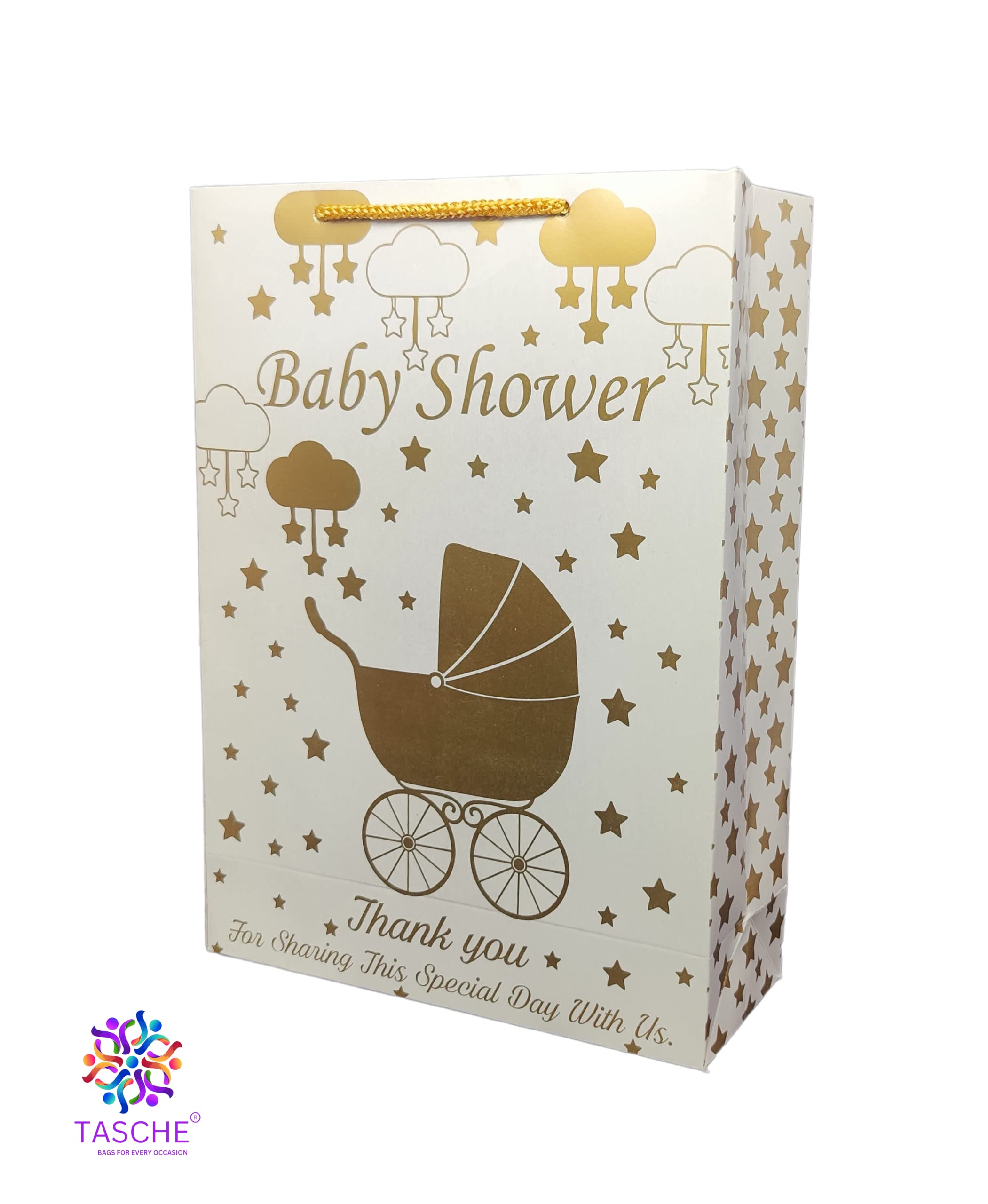 Premium Gold Printed Baby Shower Gift Bags - Elegant Trolly Design Carry Bags for Baby Shower Favors, Holiday Presents & Return Gifts (11x8x3 Inches, Pack of 9) - Perfect for Baby Showers, Birthday Parties & Special Celebrations