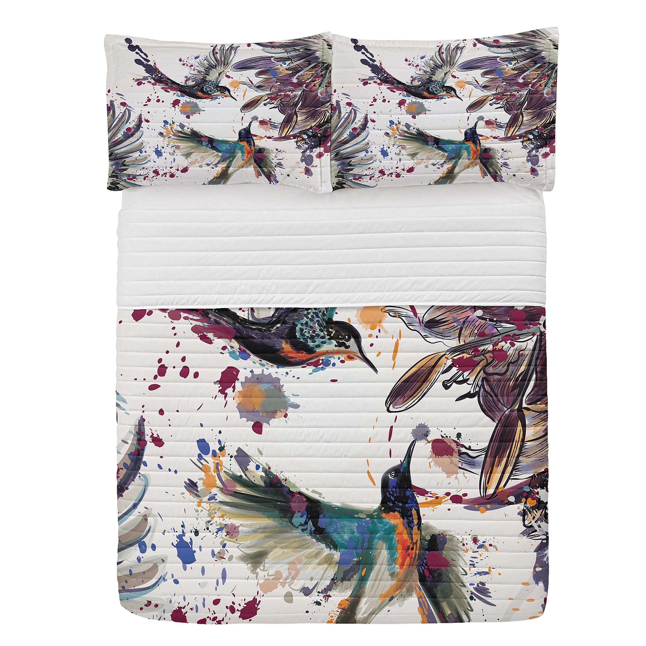 Ambesonne Hummingbird King Size Microfiber Bedspread Set - Watercolor Floral Bird Design with Orange & Blue Color Splashes, Includes Comforter & Pillow Shams | Soft Bedding for Master Bedroom, Guest Room Decor, Bohemian Style Home