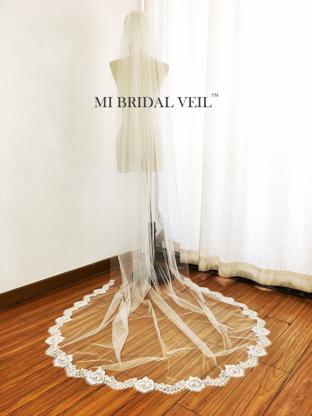Chapel Length Wedding Veil with Eyelash Chantilly Rose Lace Trim - Elegant Bridal Veil for Weddings, Church Ceremonies & Romantic Photos