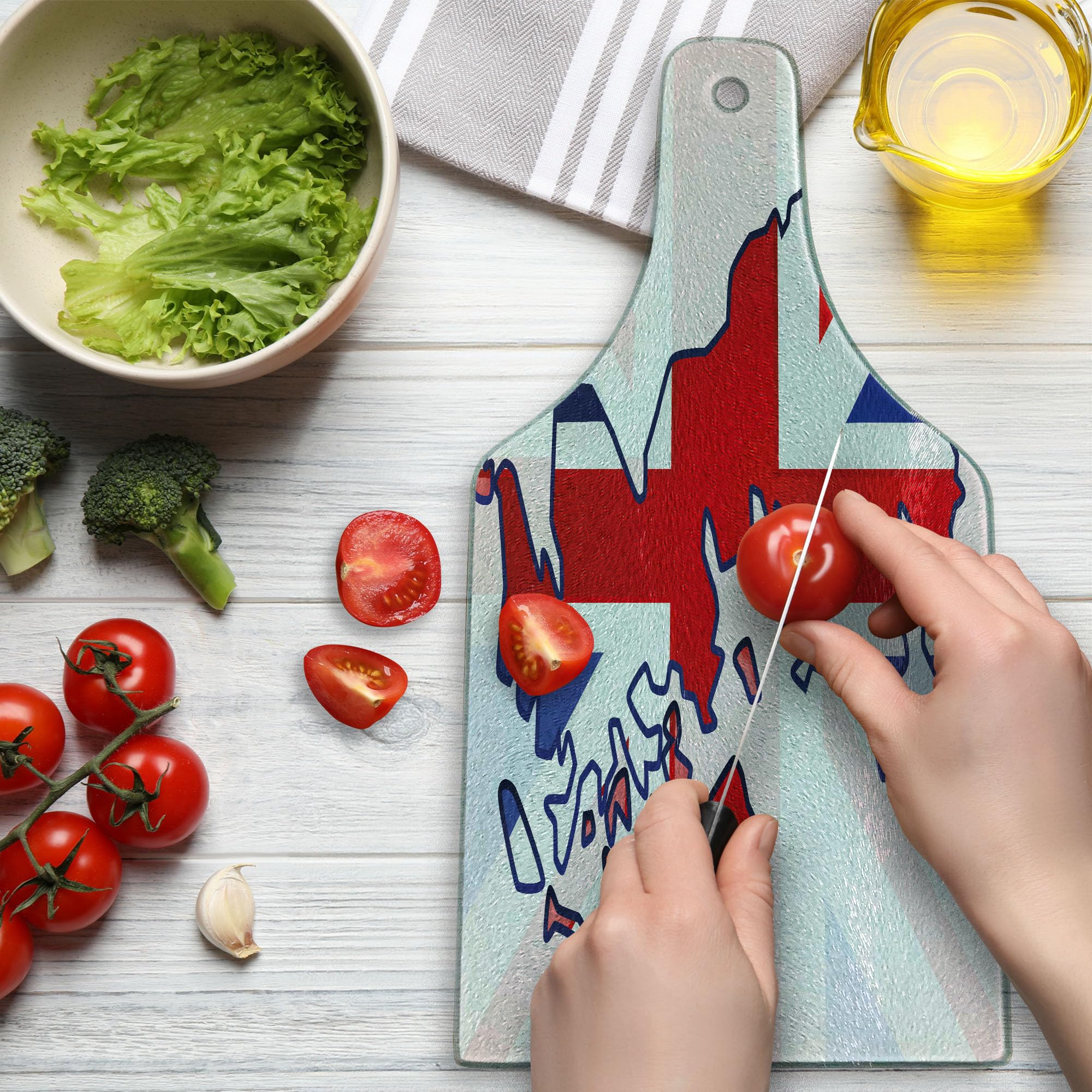 Ambesonne Union Jack Cutting Board - Faded UK Flag & Country Map Design - Tempered Glass Serving Board for Kitchen & Dining - Wine Bottle Shape in Violet, Blue, Red & White - Perfect for Entertaining, Charcuterie & Cheese Platters