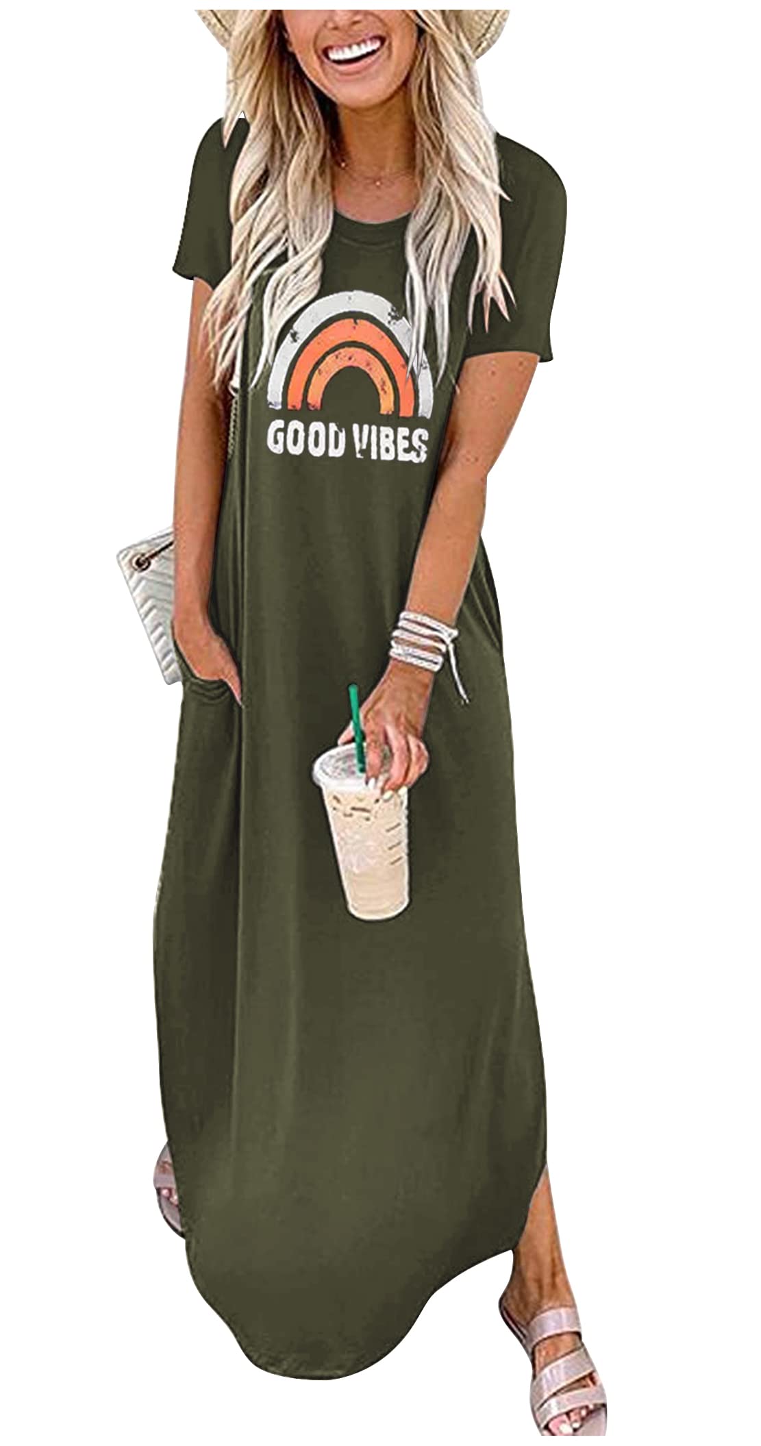 Good Vibes Rainbow Pocket Short Sleeve Maxi Dress for Women - Summer Casual T-Shirt Dress with Pockets, Beach Holiday Long Dress - Perfect for Vacation, Pool Party & Boho Outfit