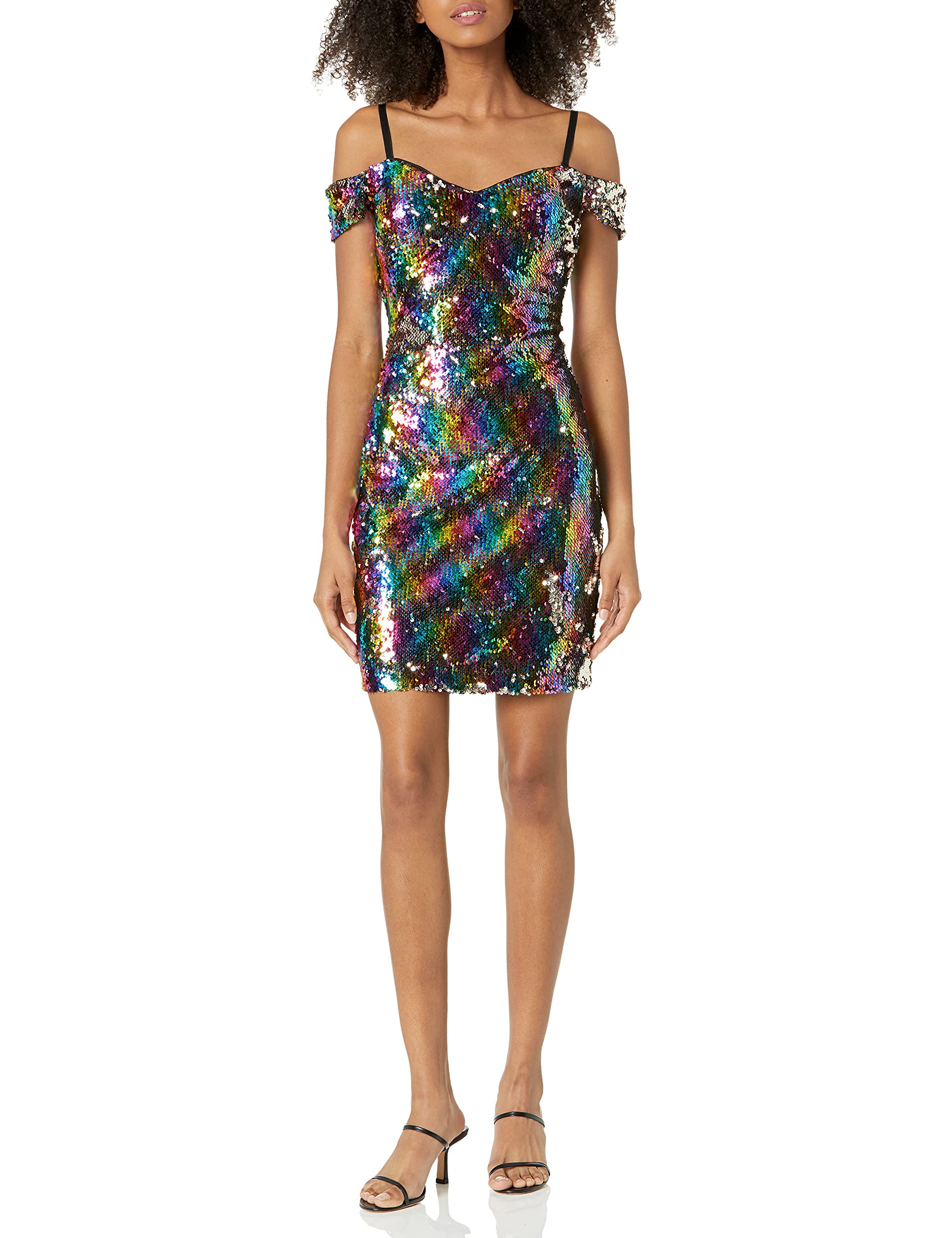 GUESS Women's Rainbow Sequin Off The Shoulder Party Dress - Elegant Glittery Cocktail Dress for Night Out, Club, Prom & Special Occasions