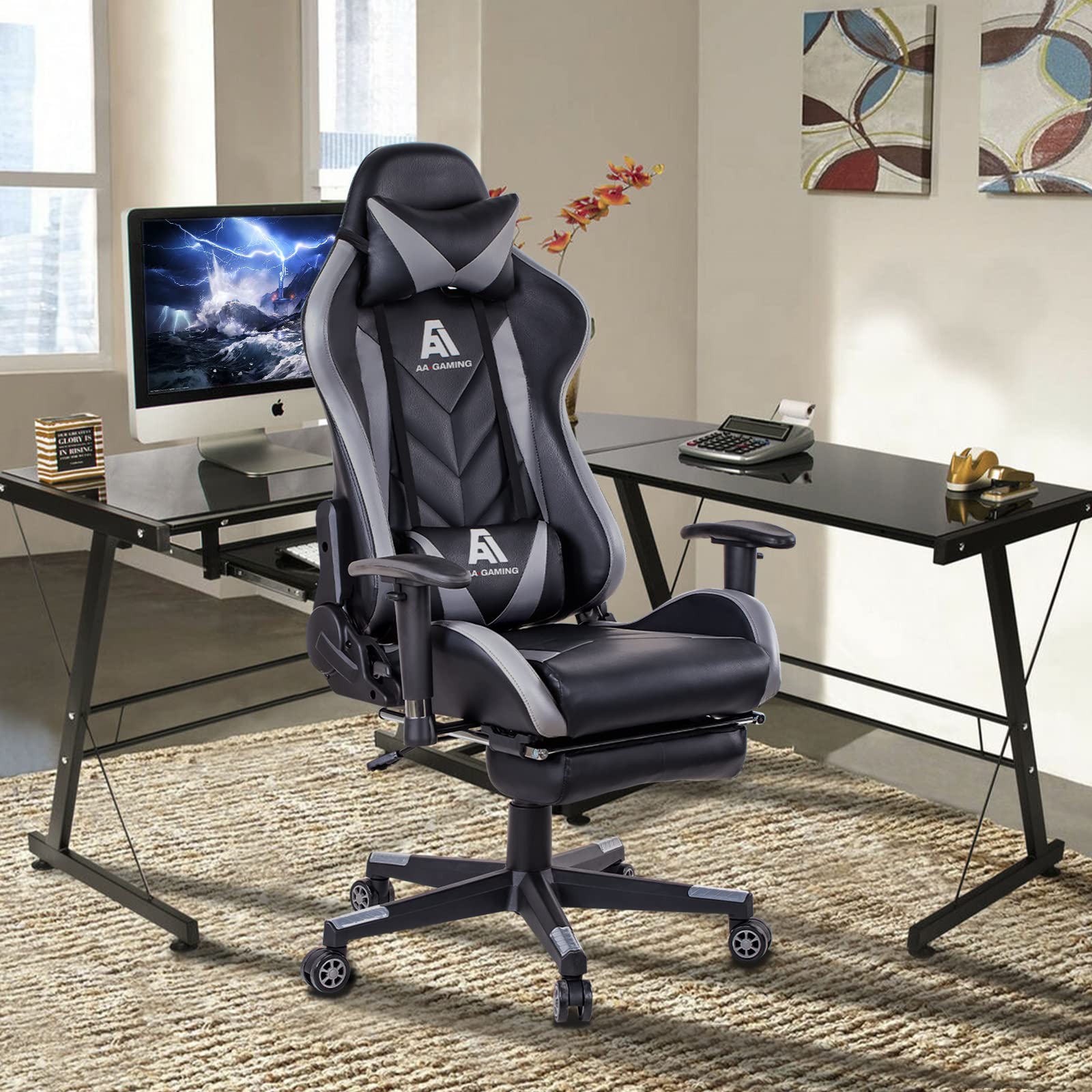 Ergonomic Gaming Chair with High Back, Adjustable Lumbar Support & Footrest - Comfortable Computer Racing Office Chair for PC & Console Gamers (Grey) - Perfect for Esports, Streaming & Long Work Sessions