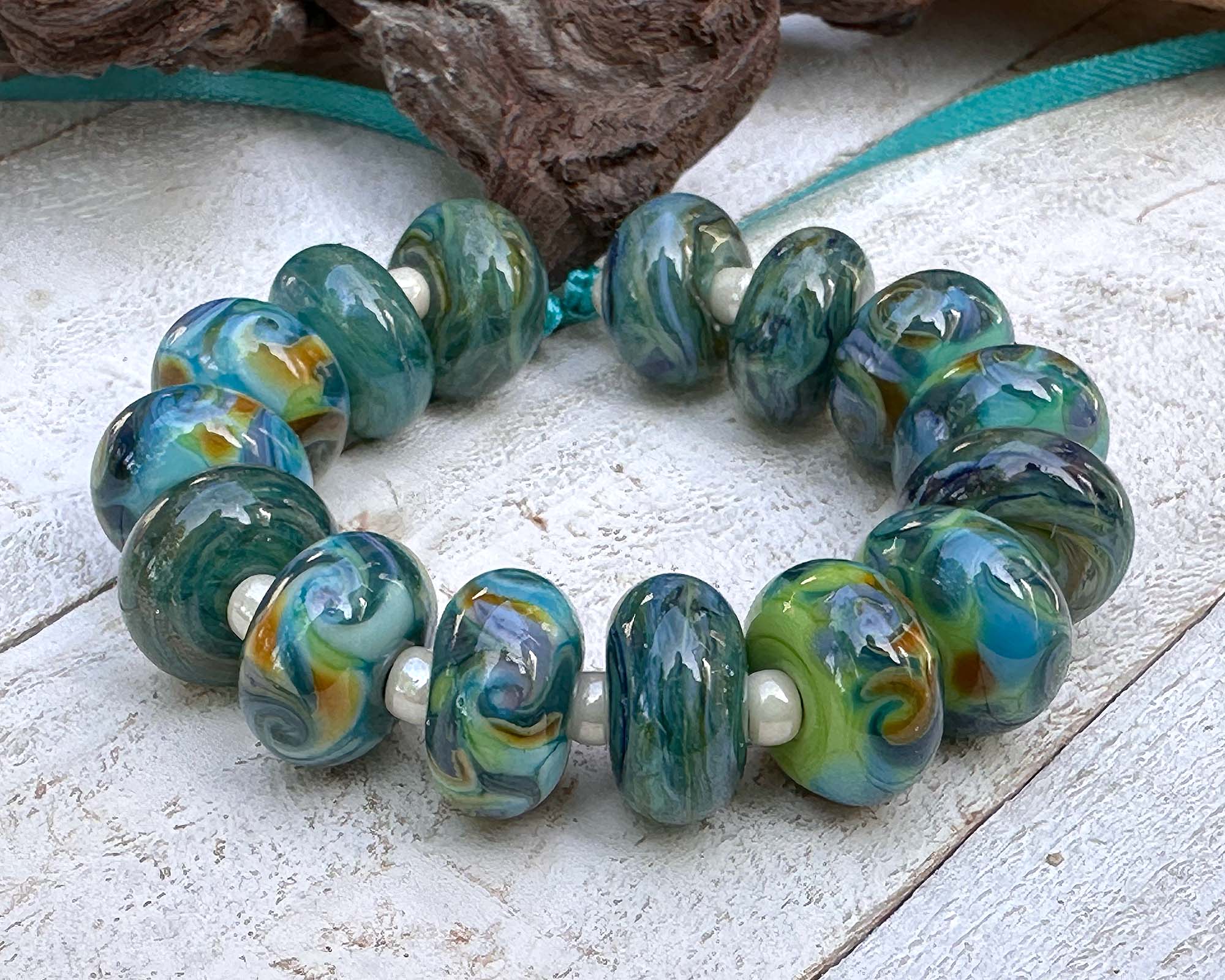 Handmade Teal Green Swirls Lampwork Glass Beads Set - 50pcs for Jewelry Making, DIY Crafts, Bracelets & Necklaces - Perfect for Beaders and Artisans