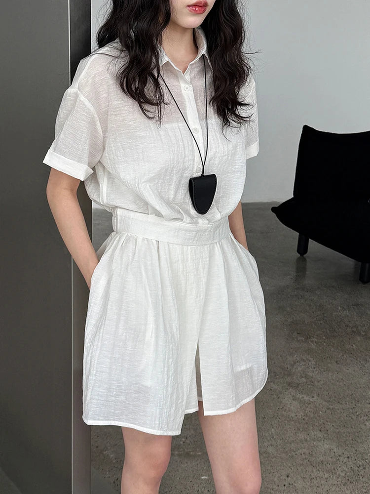 Beige Women's Two-Piece Suit Set - Thin Half Body Skirt & Lapel Short Sleeve Shirt | Spring Summer 2025 Fashion Trend | Office Wear, Casual Outfits, Party Dresses (Style 1DJ1239)