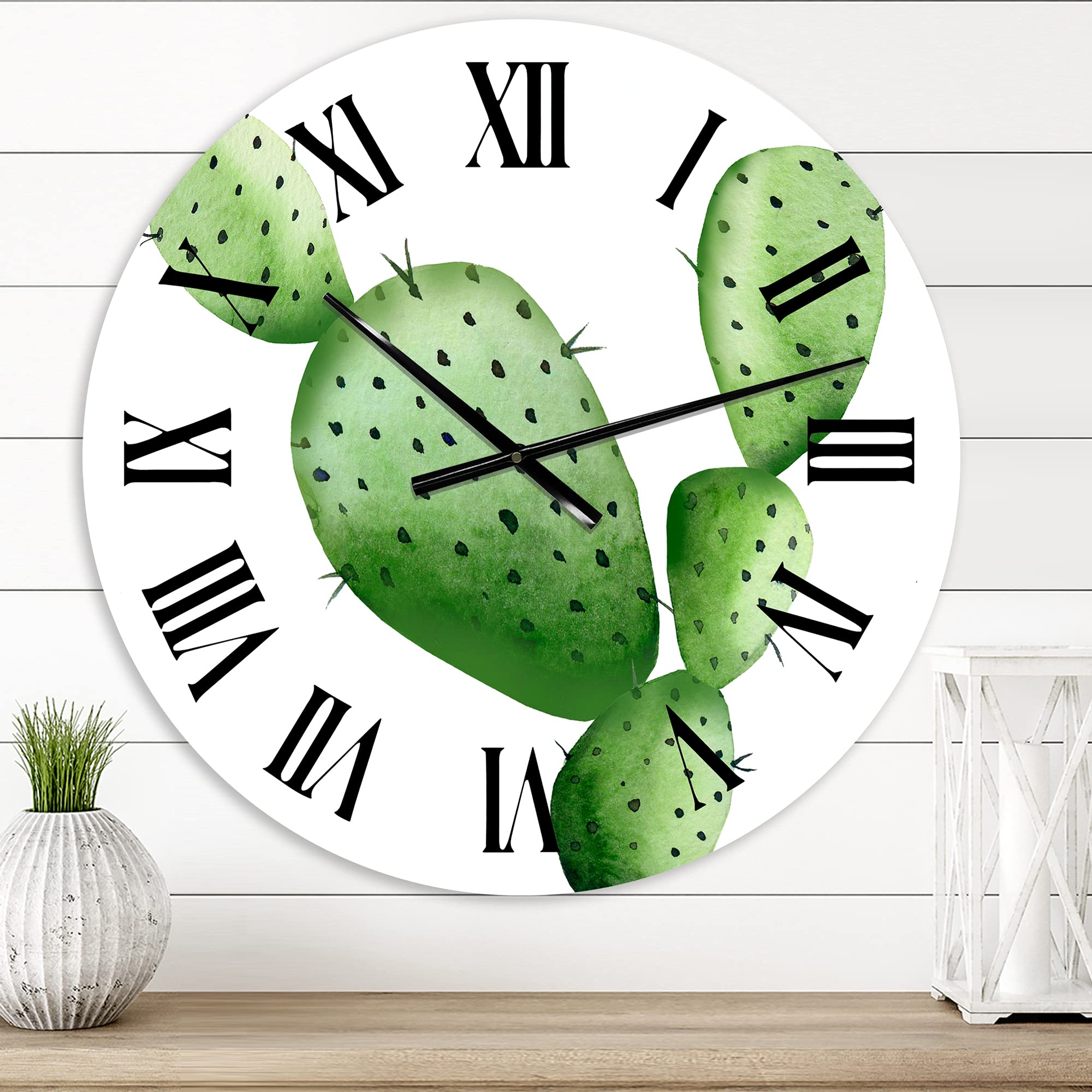 DesignQ Tropical Wall Clock - Green Southwestern Cactus Floral & Botanical Large Wall Decor for Living Room, Bedroom, Kitchen | Perfect for Home, Office & Boho Style Interior Design
