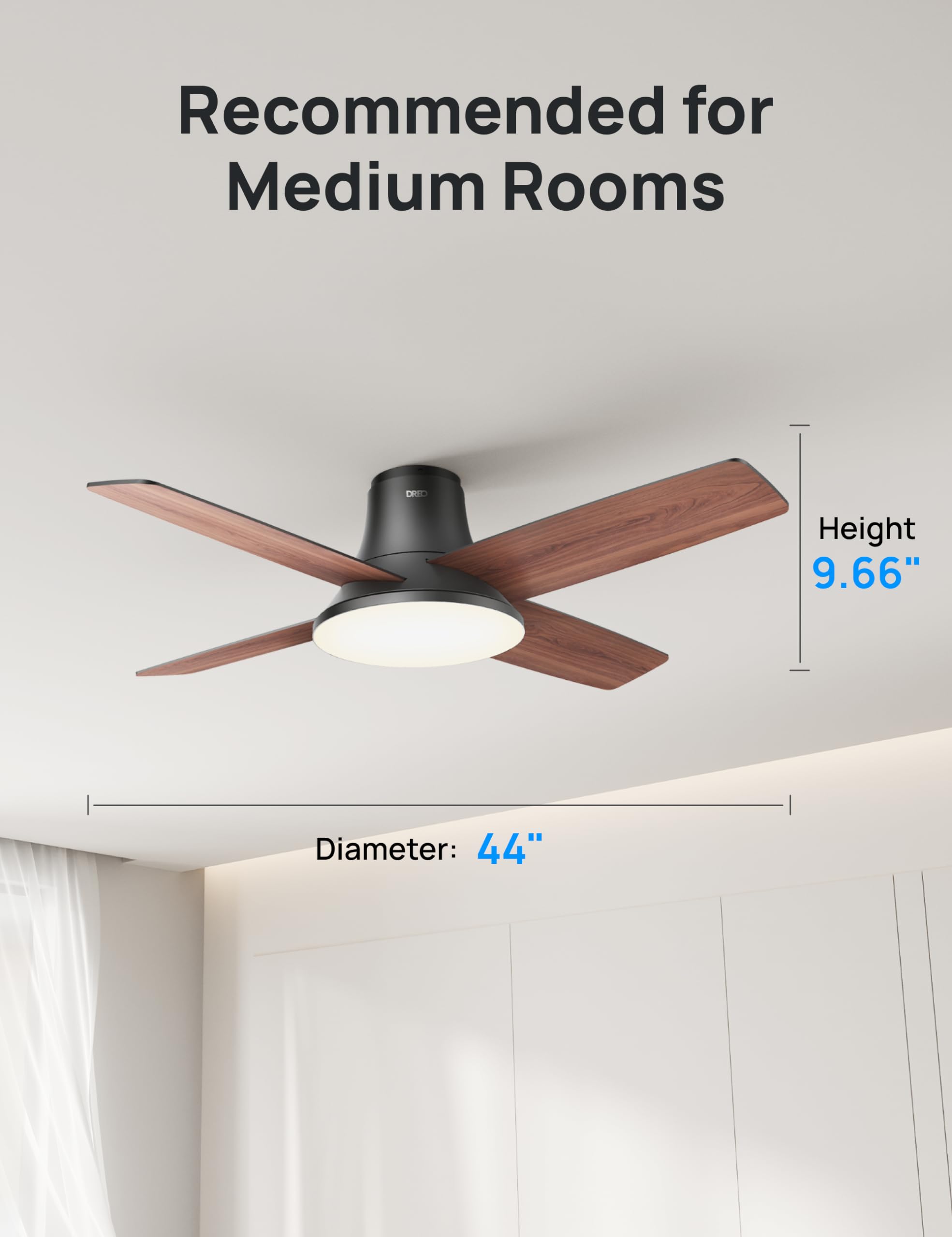 Dreo 44 Inch Low Profile Black Ceiling Fan with Lights and Remote Control - Reversible Blades, 5CCT, 6-Speed & 6-Level Dimmable, Ultra Quiet, Easy Installation, Timer Function - Perfect for Bedroom, Living Room, and Office Spaces