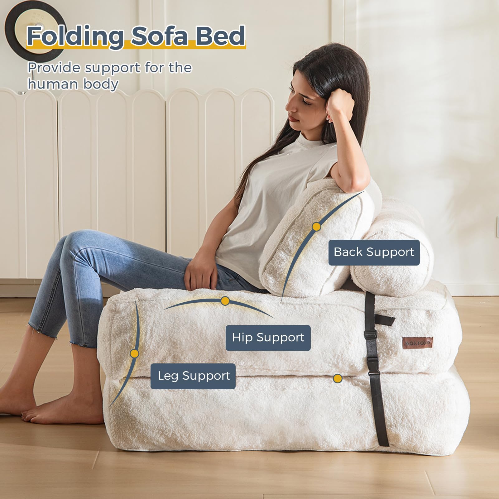 MAXYOYO Fuzzy Sofa Bed - Convertible Sleeper Chair with Pillow in Beige | Comfortable Foldable Futon for Small Spaces, Guest Room & Apartment Living