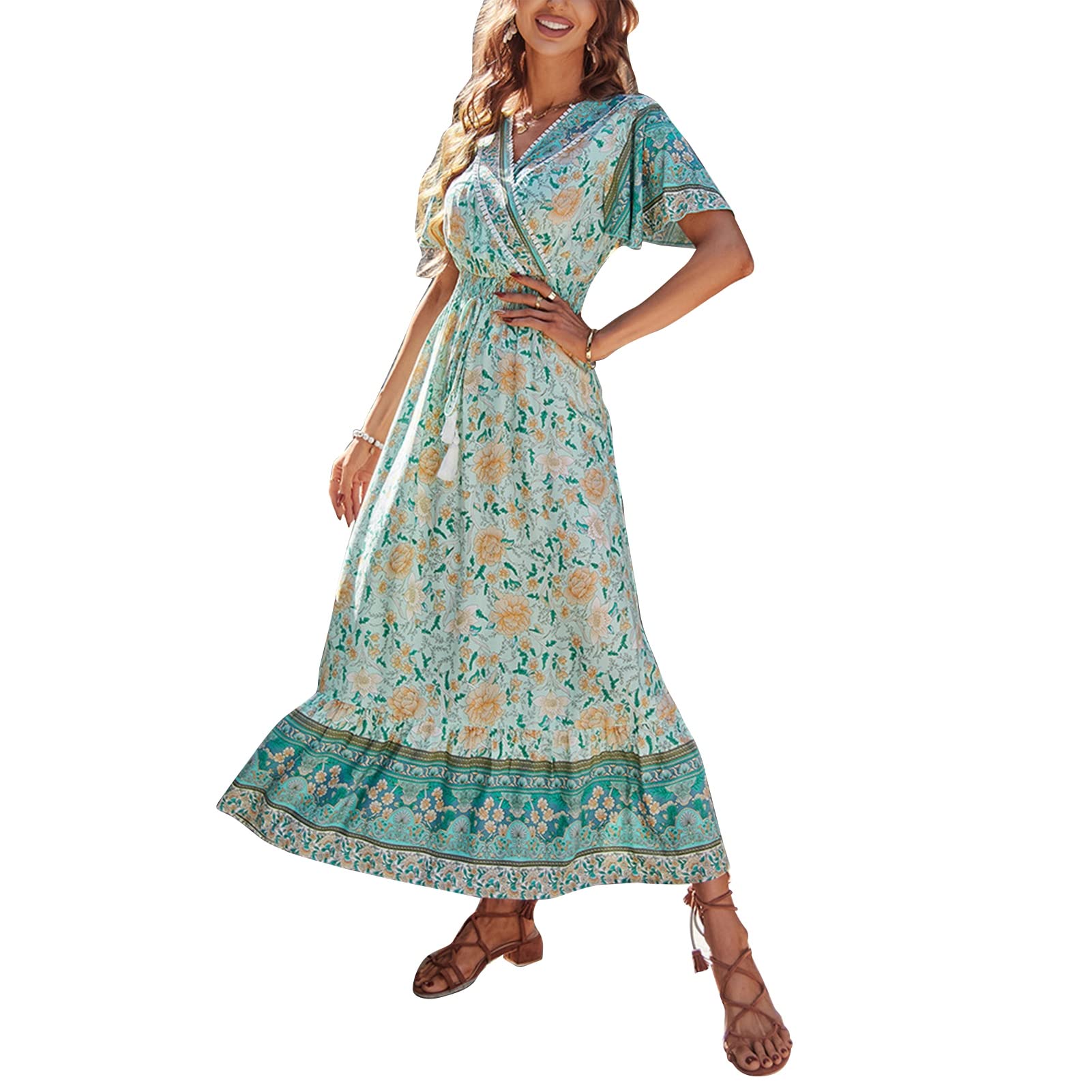 Boho Floral Maxi Dress for Women - Summer Long V-Neck Party Dress with Belt, Short Sleeves & Loose Hem - Beach Casual Dress in Green | Perfect for Vacations, Weddings & Outdoor Events