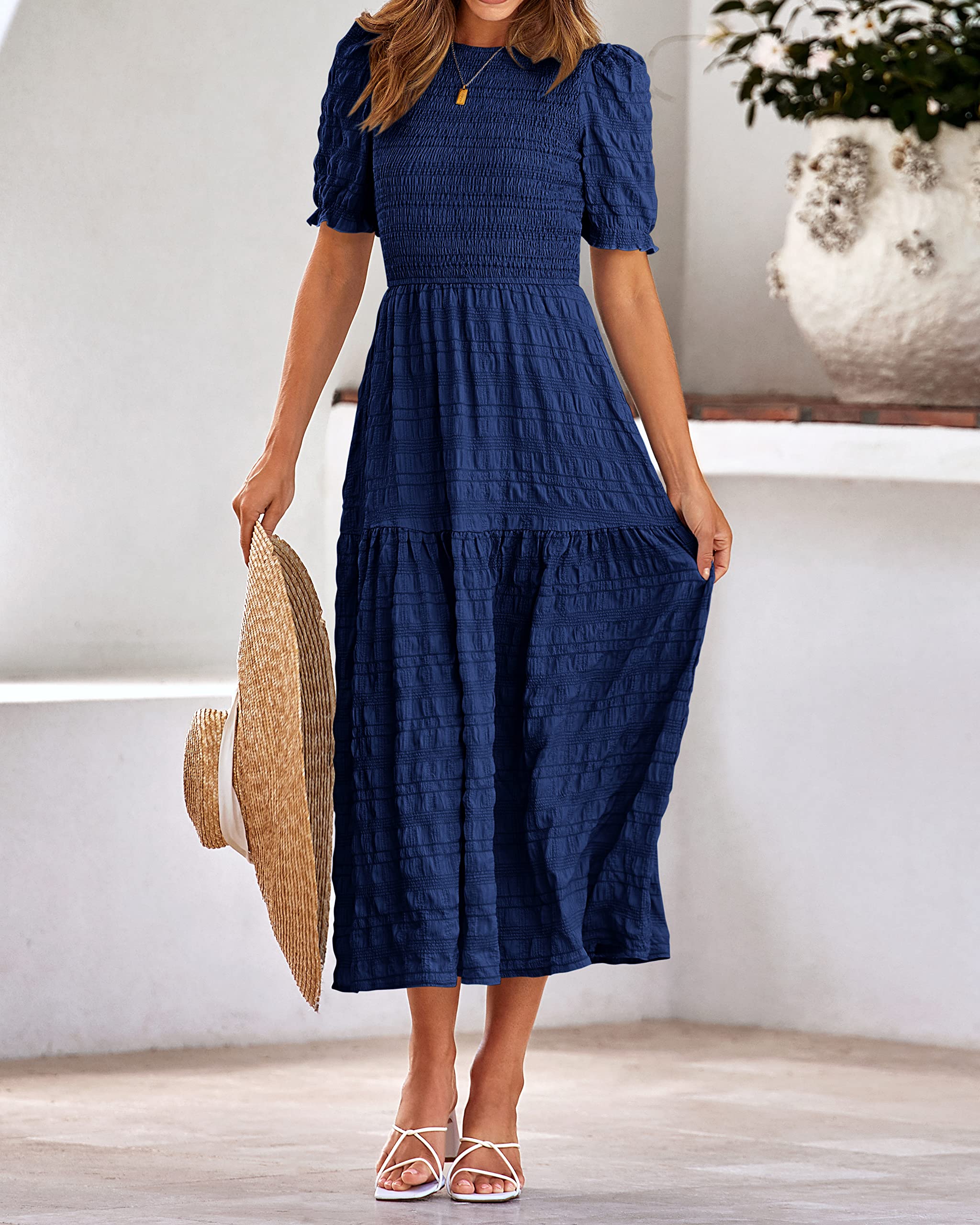 Dowerme Women's Summer Dresses 2025 - Casual Puff Short Sleeve Crewneck Smocked Flowy Boho Maxi Sundress for Beach, Party & Vacation | Lightweight Comfortable Dress for Outdoor Activities