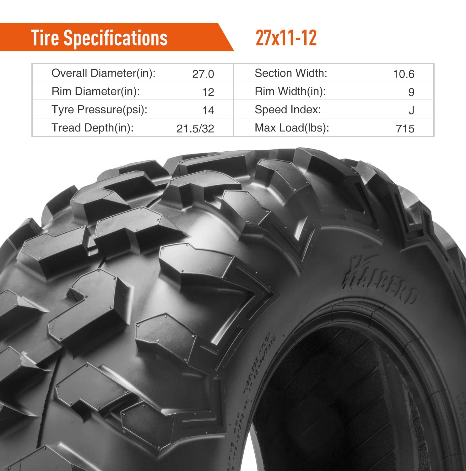 HALBERD 6-Ply ATV Tires 27x11-12 - 6PR All-Terrain Off-Road Tires for ATV/UTV - 20mm Deep Tread for Trail, Sand & Mud (Pack of 1, Tubeless) - Perfect for Off-Roading, Hunting & Farm Work