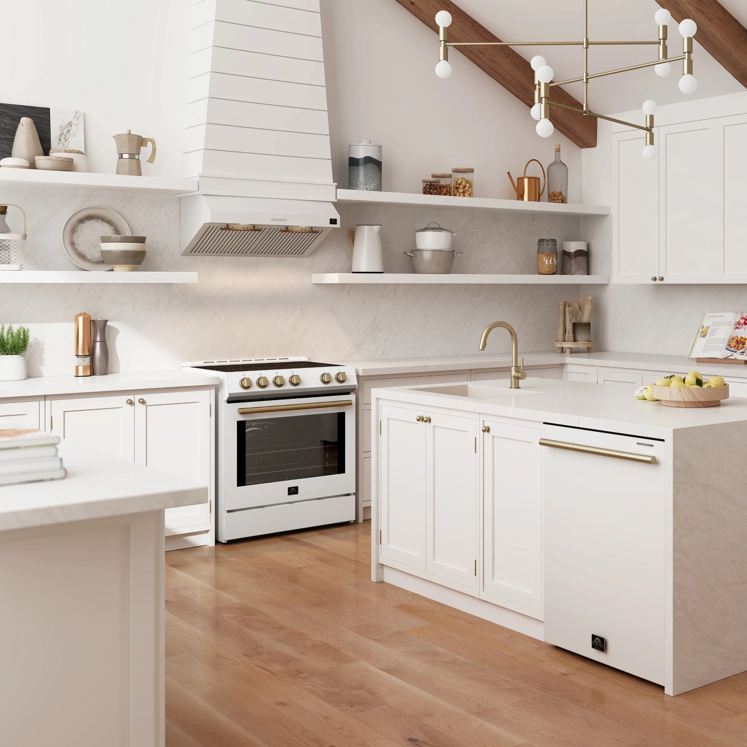 Forno Espresso 24 Inch Built-In Dishwasher in White with Antique Brass Finish - Model FDWBI8067 24WHT | Perfect for Modern Kitchens and Small Spaces