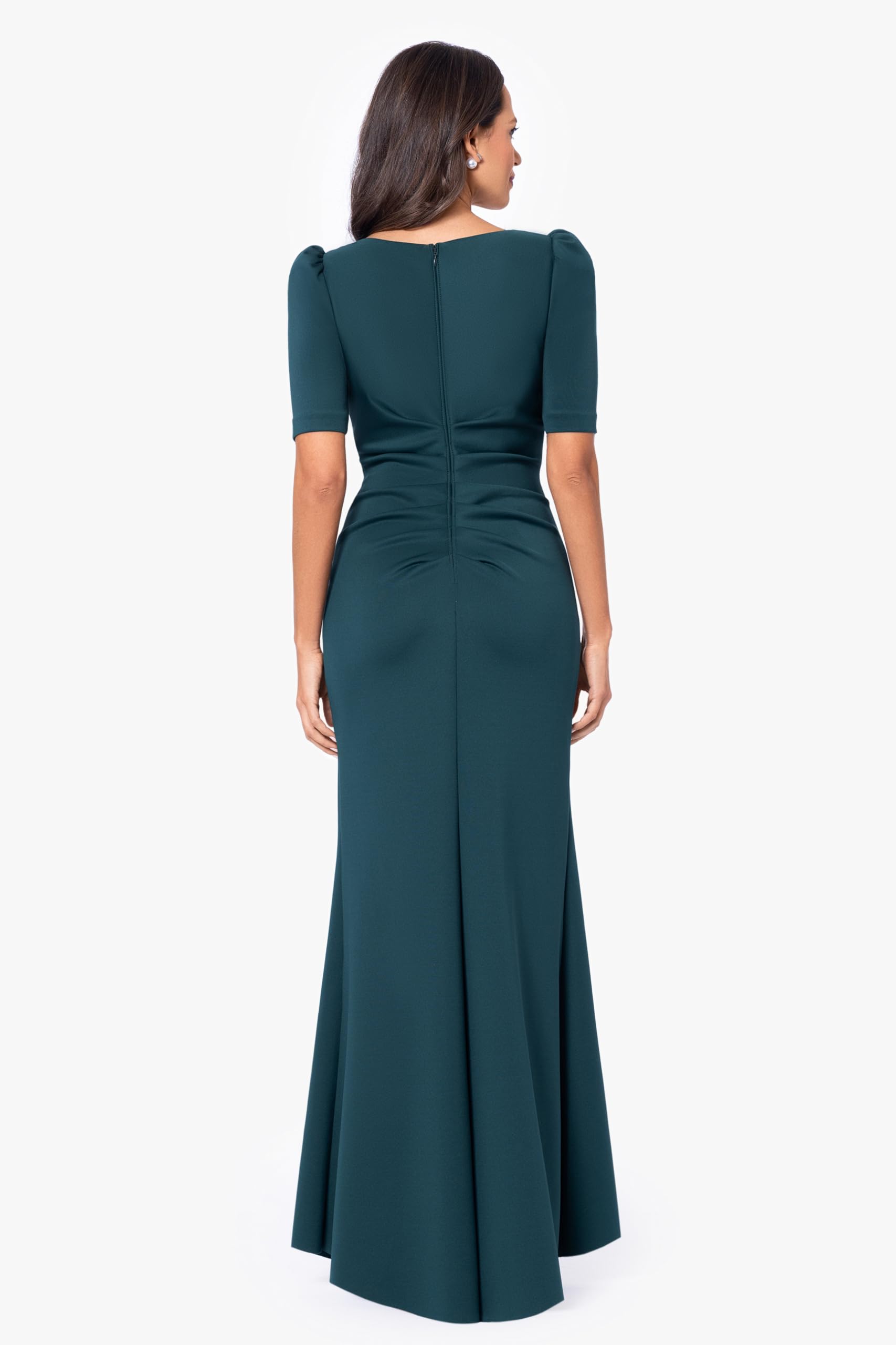 Xscape Women's 3/4 Sleeve Long Scuba Dress with Side Ruching - Slim Fit Stretchy Bodycon Dress for Cocktail Party, Date Night & Special Occasions