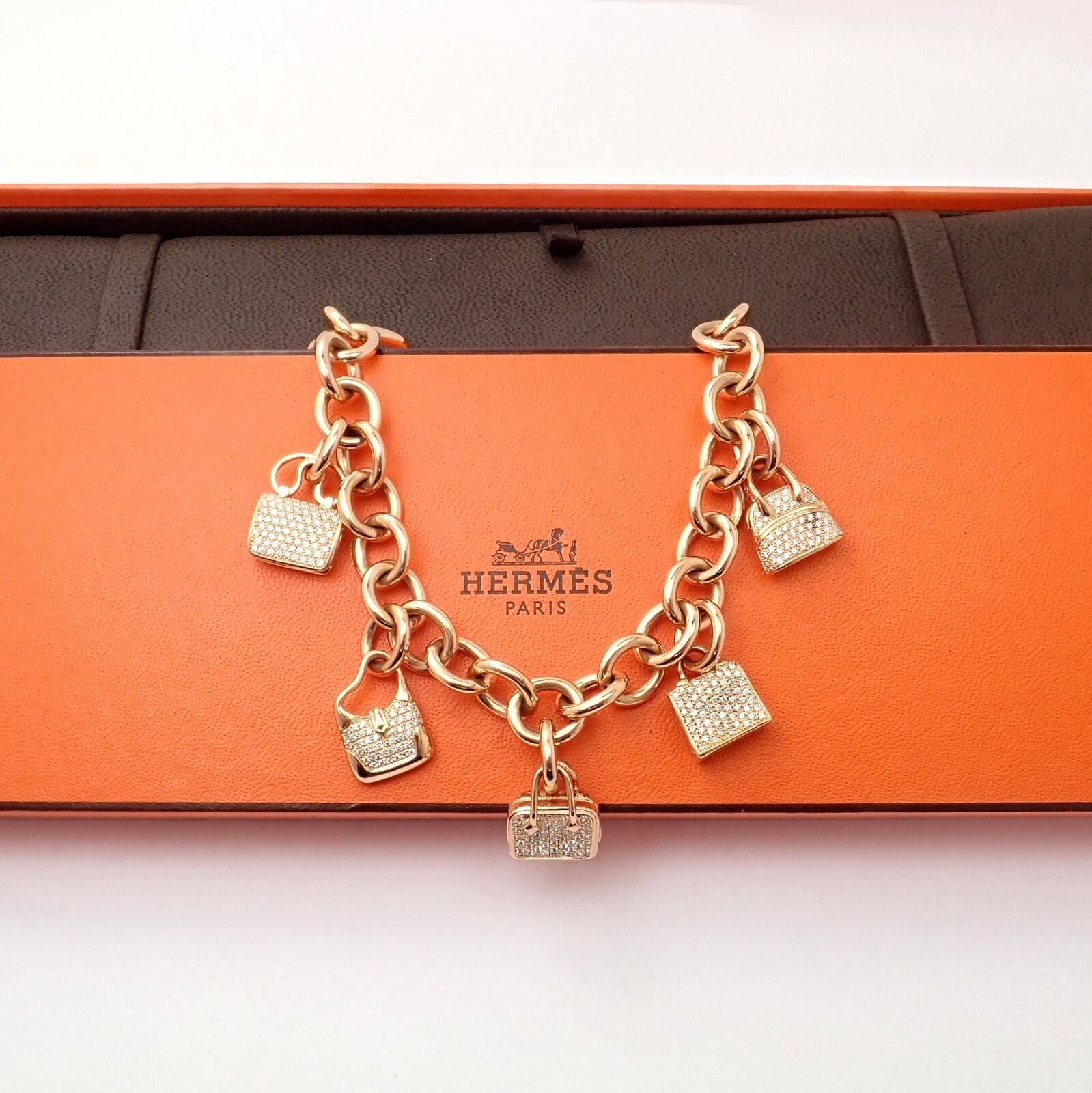 Authentic Hermes 18K Rose Gold Diamond Signature Iconic Bag Charm Link Bracelet - Luxury Jewelry Gift for Women, Perfect for Special Occasions & Everyday Elegance