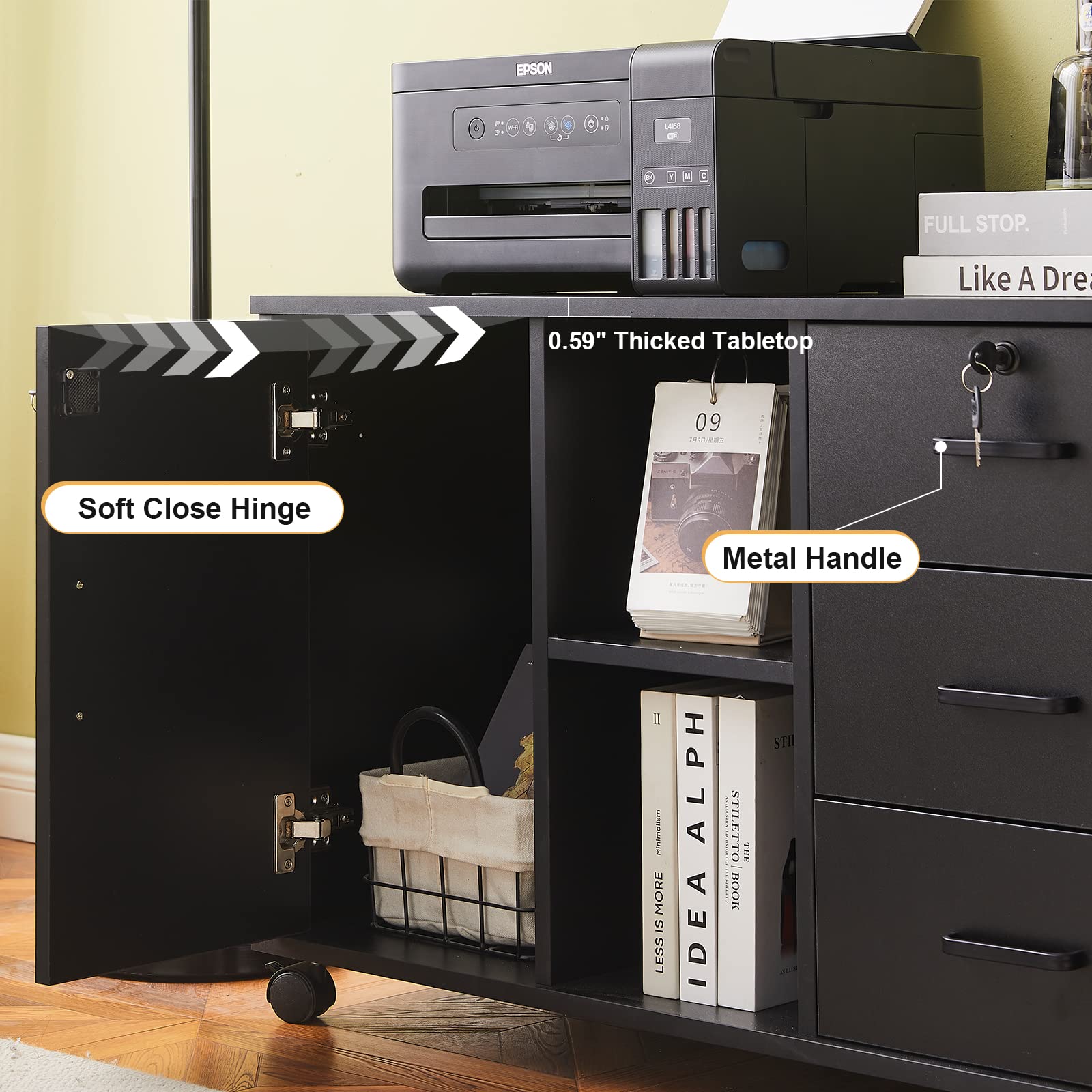 CLIPOP Mobile Office Cabinet with 3 Drawers (1 Lockable) - Under Desk Rolling File Storage Cabinet with Open Shelves & 5 Wheels - Printer Stand Organizer for Home Office (Black) - Perfect for Small Spaces, Document Storage & Workspace Organization