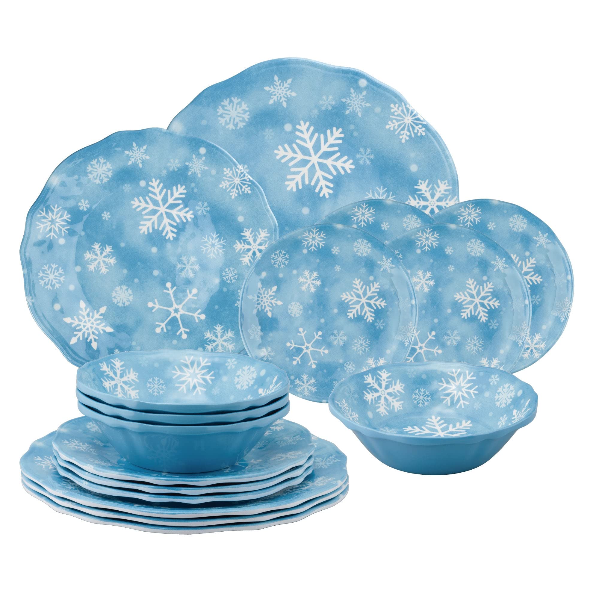 UPware 16-Piece Melamine Dinnerware Set - 4 Dinner Plates, 4 Salad Plates, 4 Bowls & 4 Dessert Plates for 4-Person Dining | Durable & Lightweight Shatterproof Tableware | Perfect for Outdoor Picnics, Camping, Pool Parties & Everyday Use (Snowflake Design)