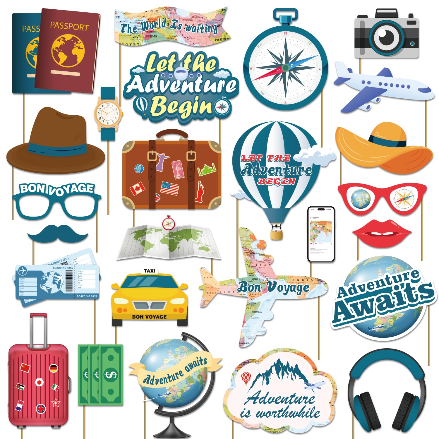 Biswiter Adventure Awaits Party Decorations - 26 Pcs Travel Themed Photo Booth Props Set for Bon Voyage & Around The World Theme Parties - Perfect for Travel Sendoffs, Wanderlust Celebrations & Adventure-Themed Events