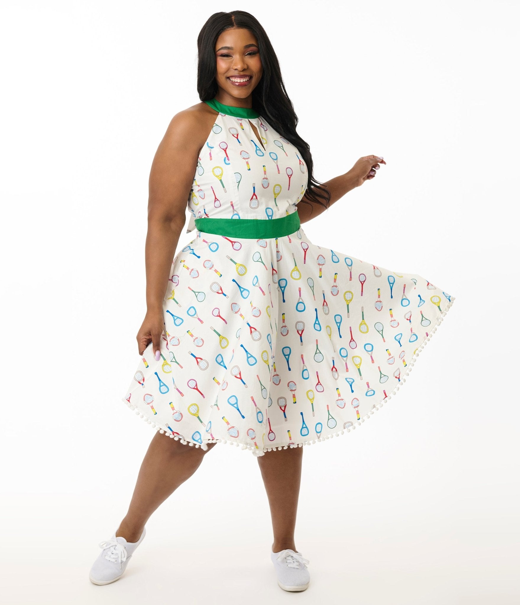 Smak Parlour Plus Size White Tennis Racket Print Cotton Flare Dress for Women | Vintage Inspired Casual Summer Outfit | Perfect for Beach, Picnic & Tennis Club Events