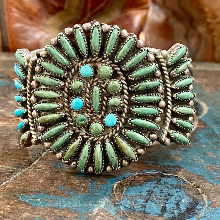 Vintage Mint Green Turquoise Sterling Silver Rosette Bracelet - Handmade Navajo Jewelry for Women - Perfect for Boho, Western & Casual Outfits