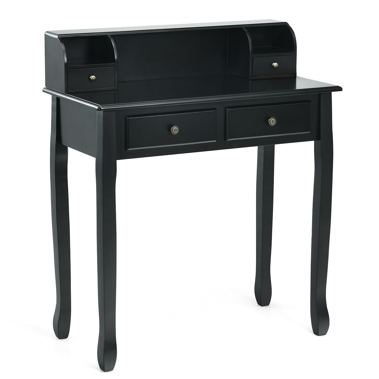 Modern Black Computer Desk with 4 Drawers - Sturdy Laptop Study Desk, Writing Table & Makeup Vanity | Freestanding Home Office Furniture with Detachable Storage Cabinet | Perfect for Small Spaces, Dorm Rooms & Home Offices
