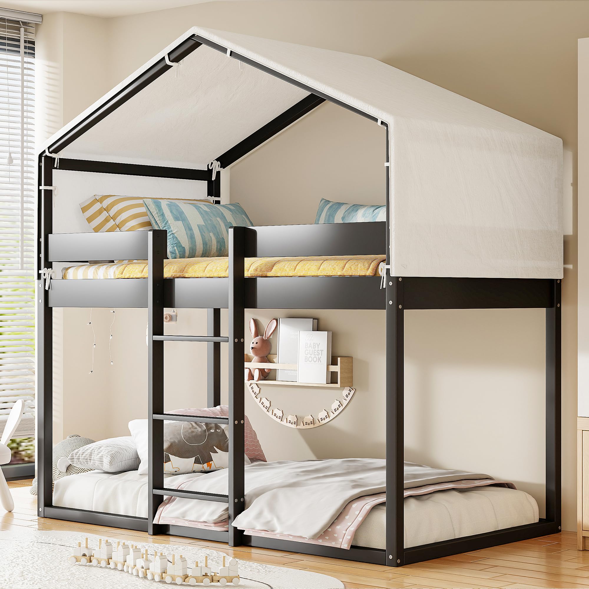 Twin Over Twin Wood Bunk Bed with Play Tent - Kids Bunk Bed with House Design for Boys & Girls - Sturdy Espresso Bed Frame for Bedroom - Perfect for Sleepovers, Playtime & Small Spaces