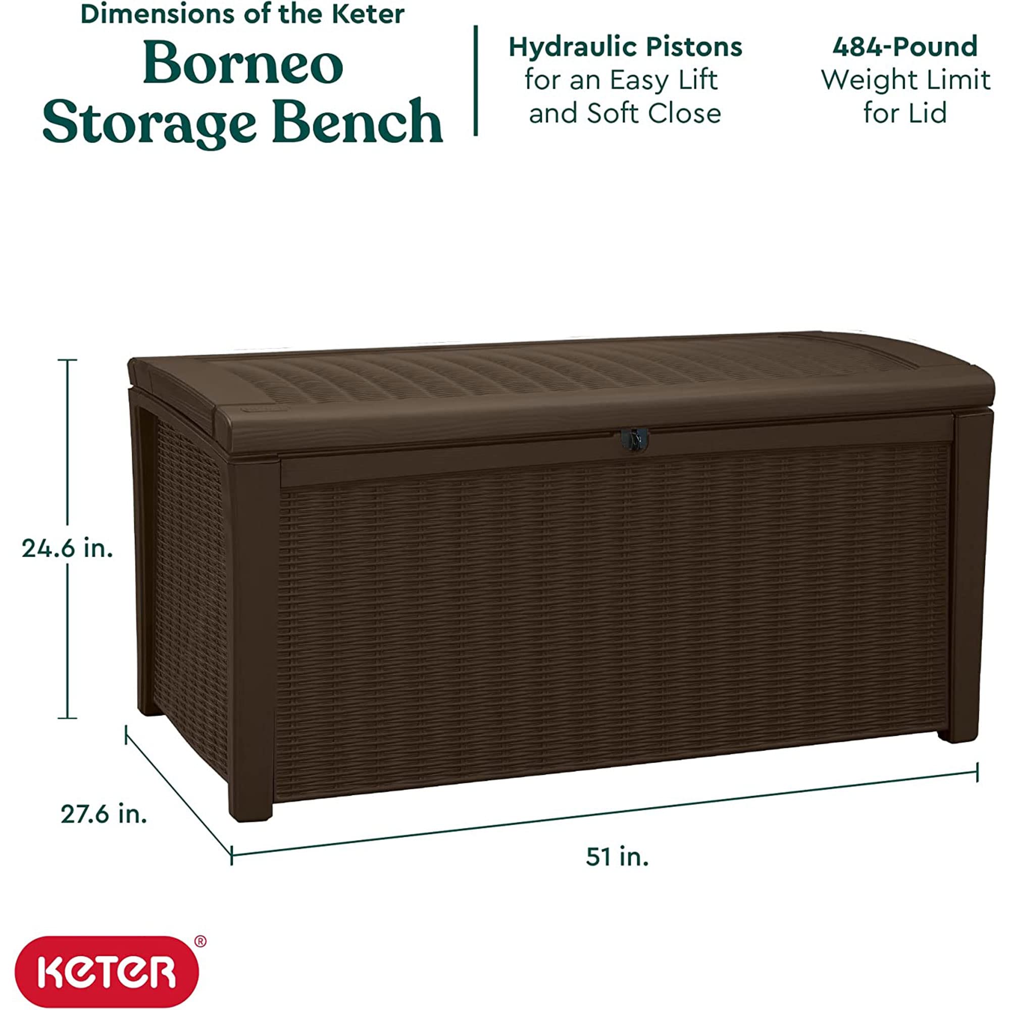 Keter 110 Gallon Outdoor Storage Deck Box - Waterproof Patio Bin for Garden, Pool & Backyard Organization (Borneo Brown) - Perfect for Storing Cushions, Toys & Gardening Tools
