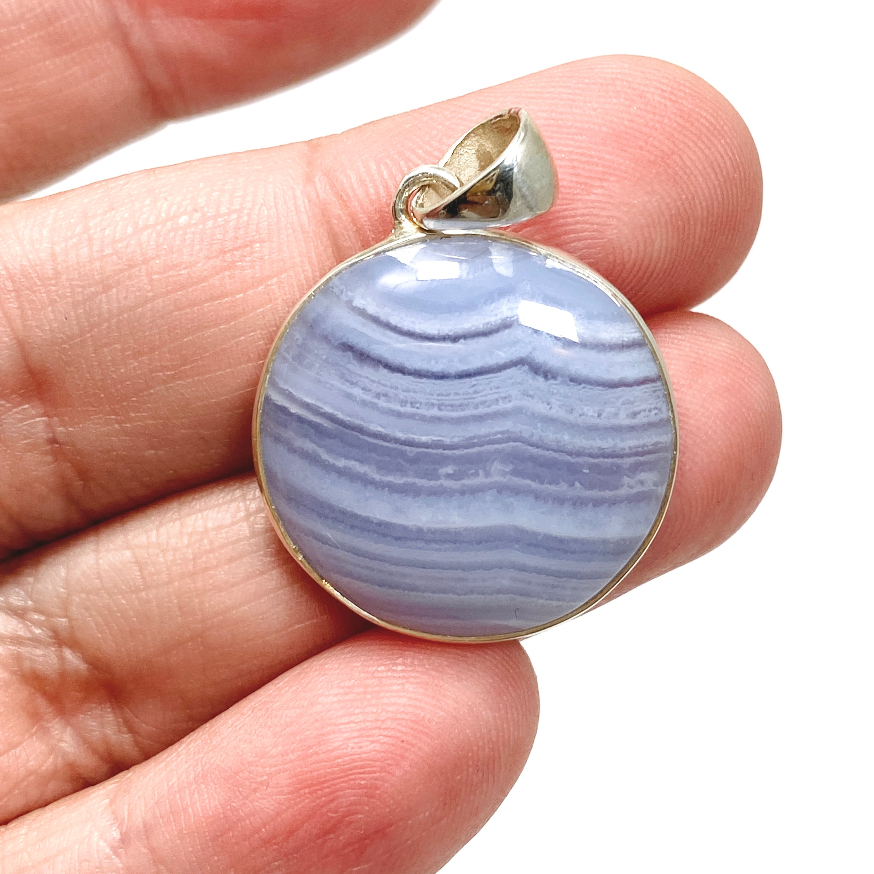Blue Lace Agate Round Cabochon Pendant KPGJ4817 - Natural Stone Jewelry for Women, Healing Crystal Necklace - Perfect for Meditation, Yoga & Spiritual Gifts
