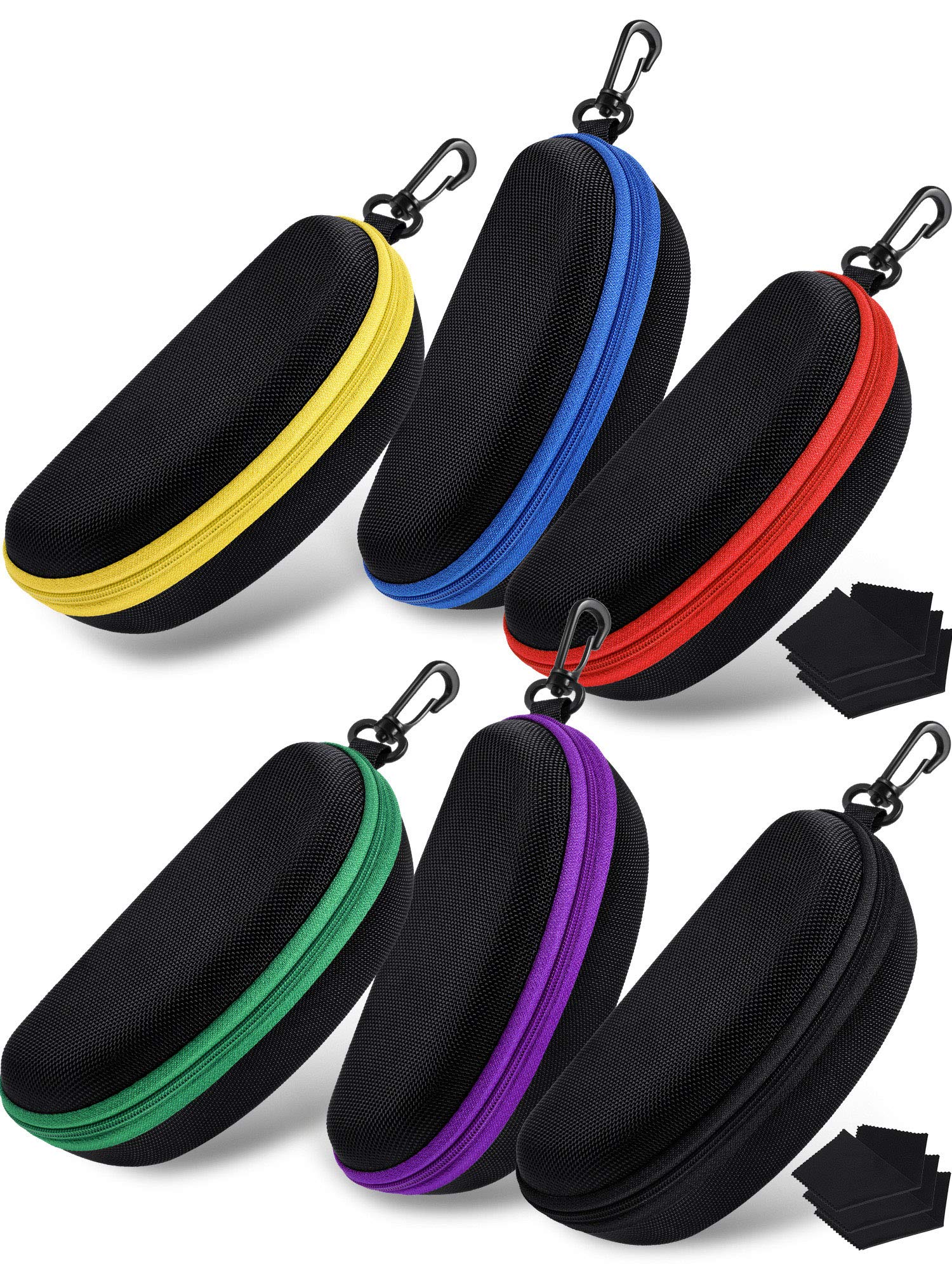 Frienda 6 Pack Hard Shell Zipper Sunglasses Case - Portable Travel Eyeglass Storage with Cleaning Cloth & Hook - 6 Color Options for Men & Women - Perfect for Vacation, Beach, Car, and Outdoor Activities