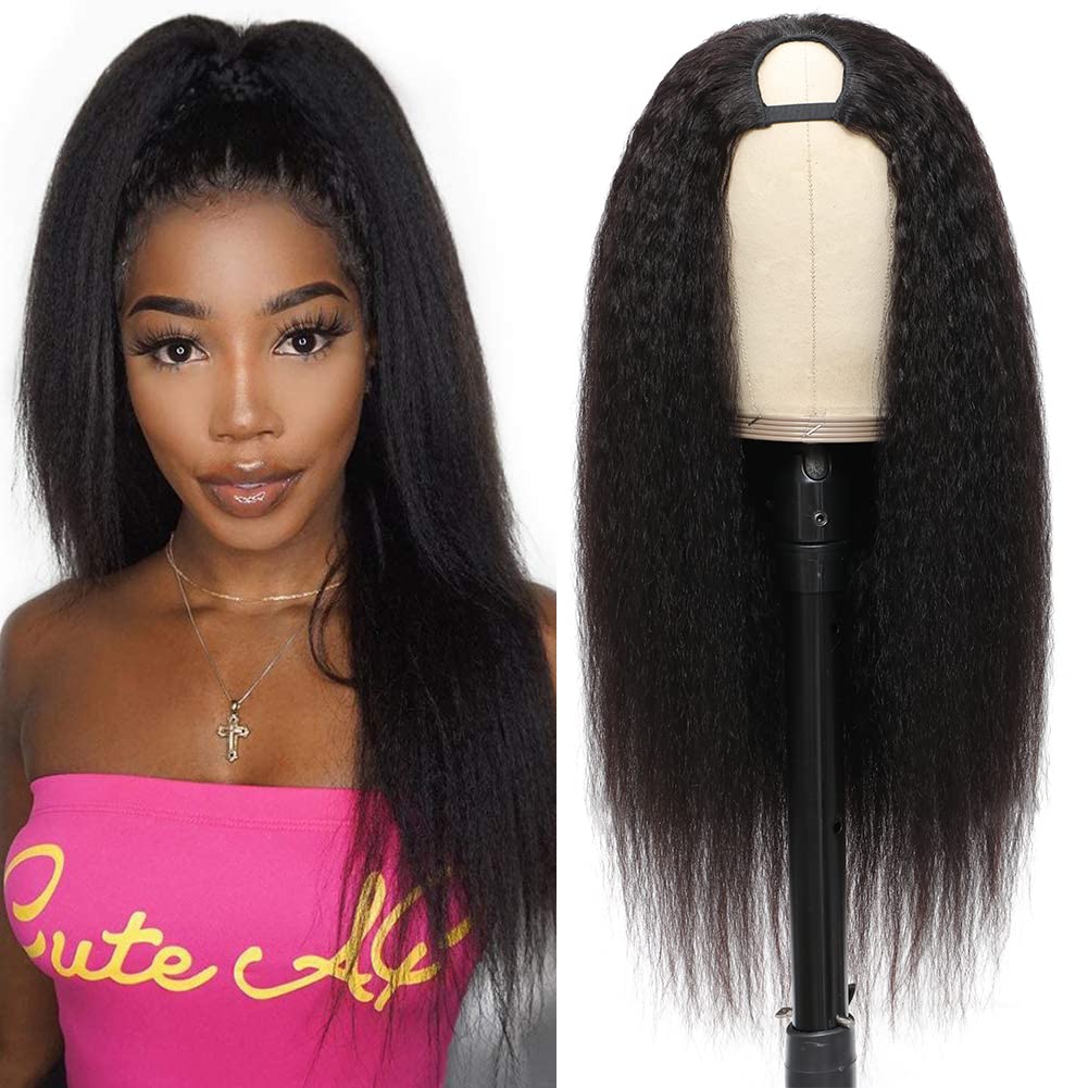 U Part Wigs for Black Women - 20 Inch Kinky Straight Human Hair Wig | Italian Yaki Straight U-Shape Clip-In Half Wig | Perfect for Daily Wear, Parties & Protective Styling