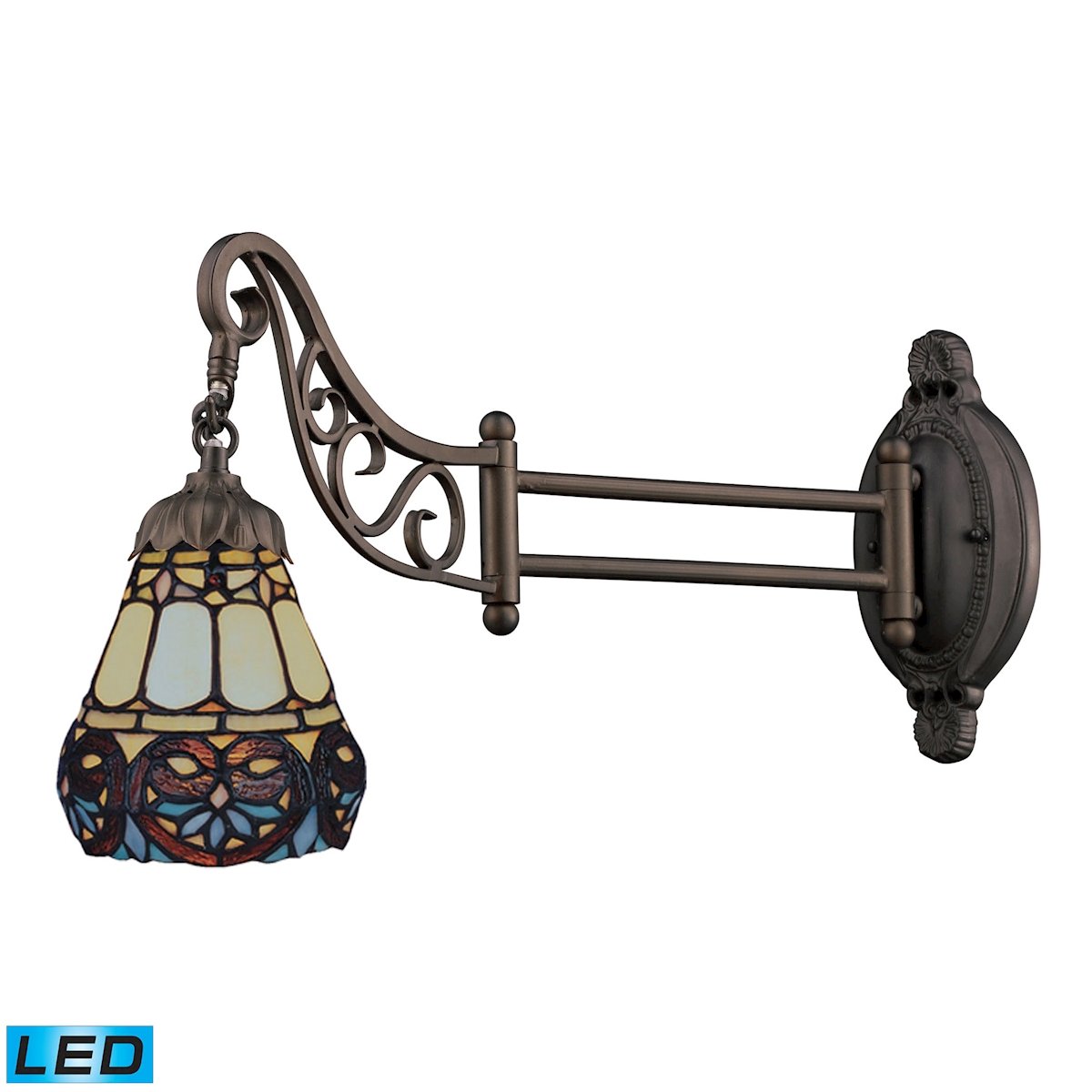 Mix-N-Match 1-Light Swing Arm Wall Sconce in Tiffany Bronze with Stained Glass Shade - Includes LED Bulb for Bedroom, Living Room or Hallway Lighting