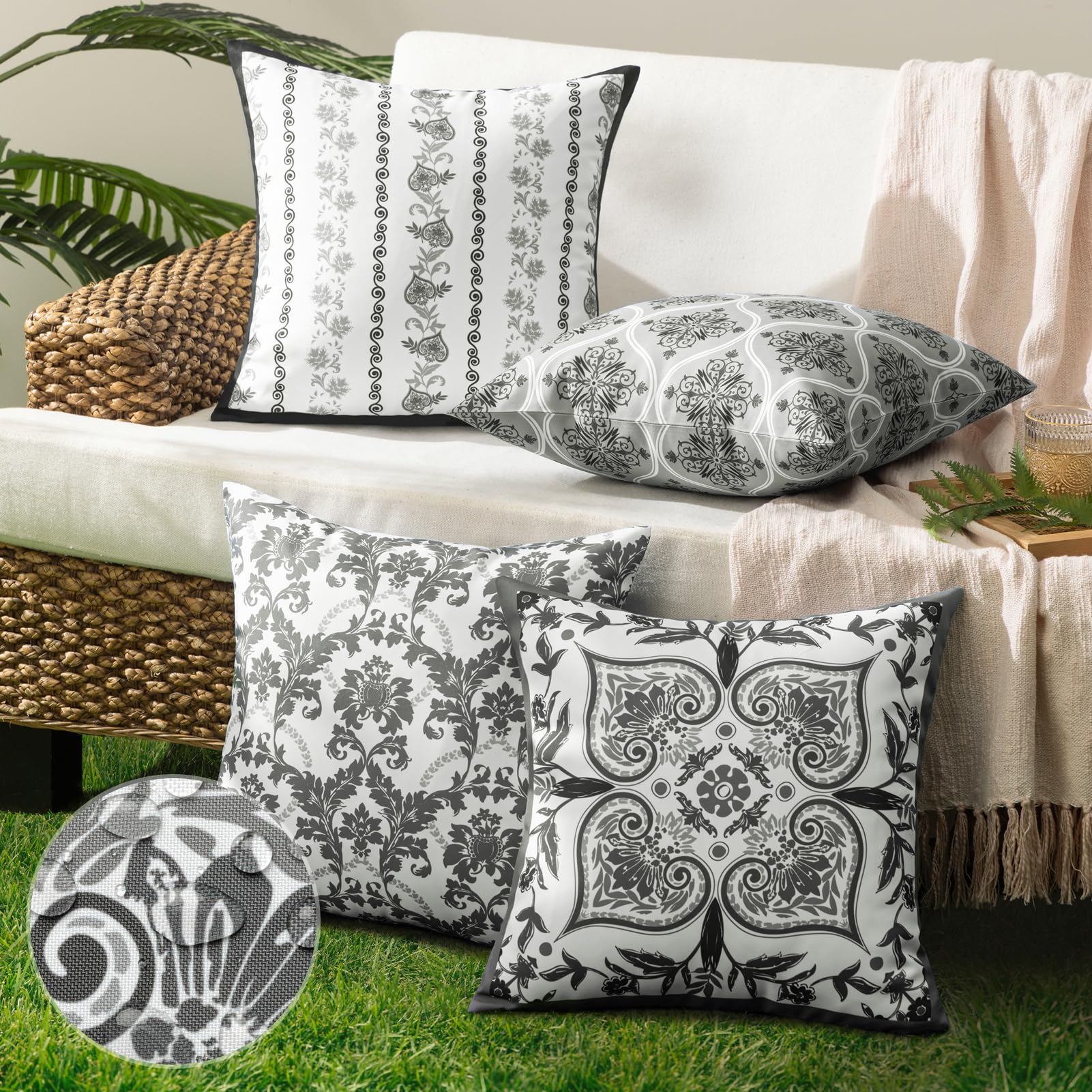 Waterproof Boho Geometric Outdoor Throw Pillow Covers - Pack of 4 Decorative Floral Patio Pillow Cases for Couch, Tent & Sunbrella - 18x18 Inches Black/White - Perfect for Outdoor Furniture, Porch Decor & Camping Accessories