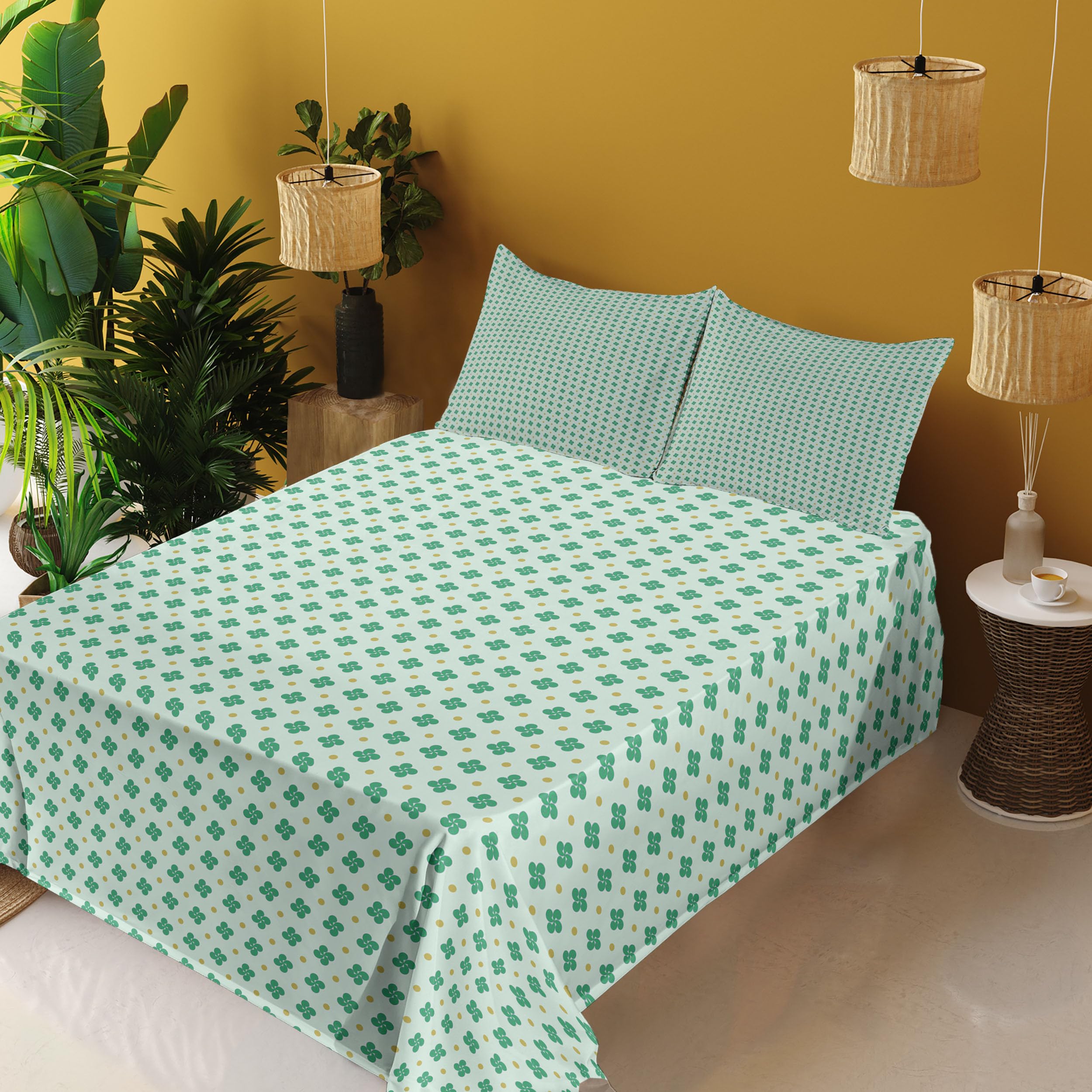 Ambesonne Floral Sheet Set - Modern Polka Dots & Shamrock Leaves Design, 4-Piece King Size Bedding Set with Fitted Sheet, Flat Sheet & Pillowcases in Mint Green Khaki | Perfect for Guest Rooms, Master Bedrooms & Bohemian Home Decor